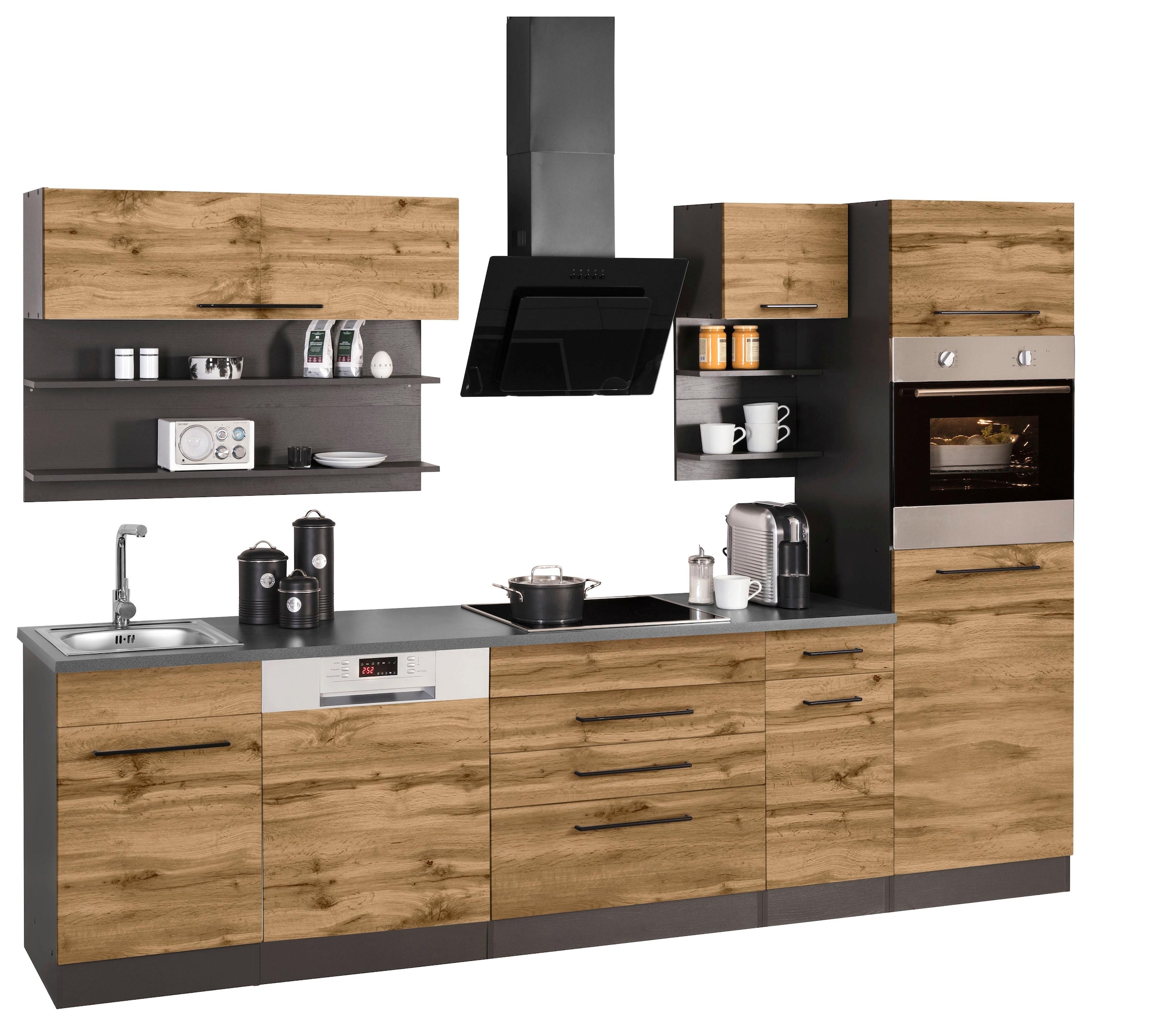 KOCHSTATION Küchenzeile »KS-Tulsa«, mit E-Geräten, Breite 290 cm, schwarze Metallgriffe, MDF Fronten