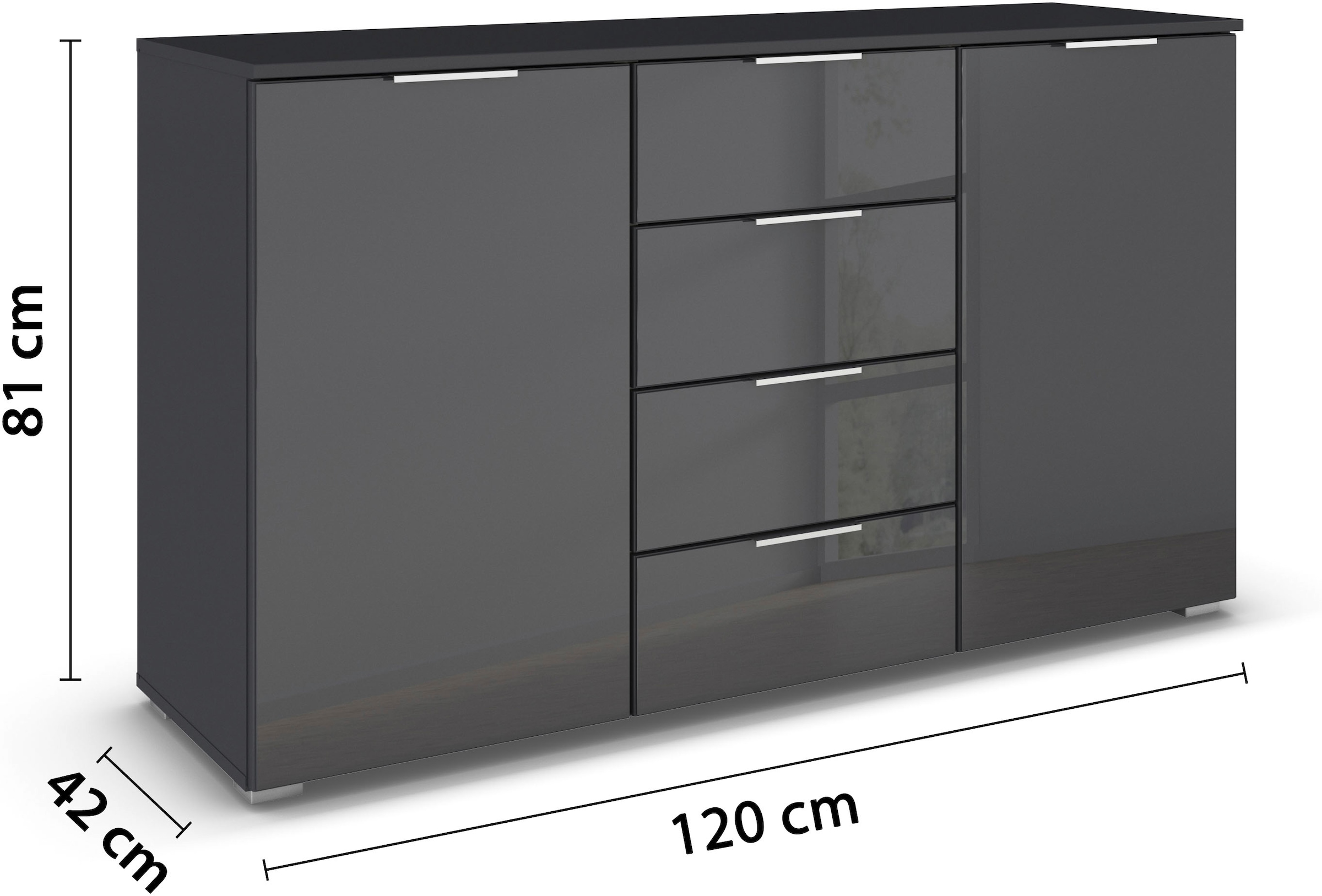 rauch Kombikommode »Sideboard Kombikommode Schubladenkommode AGORDO mit Glasfront«, (in zwei Griff-Farben, Breite 120 cm inkl. Soft-Close-Funktion), vier große Schubladen, mit insgesamt 4 Einlegeböden MADE IN GERMANY