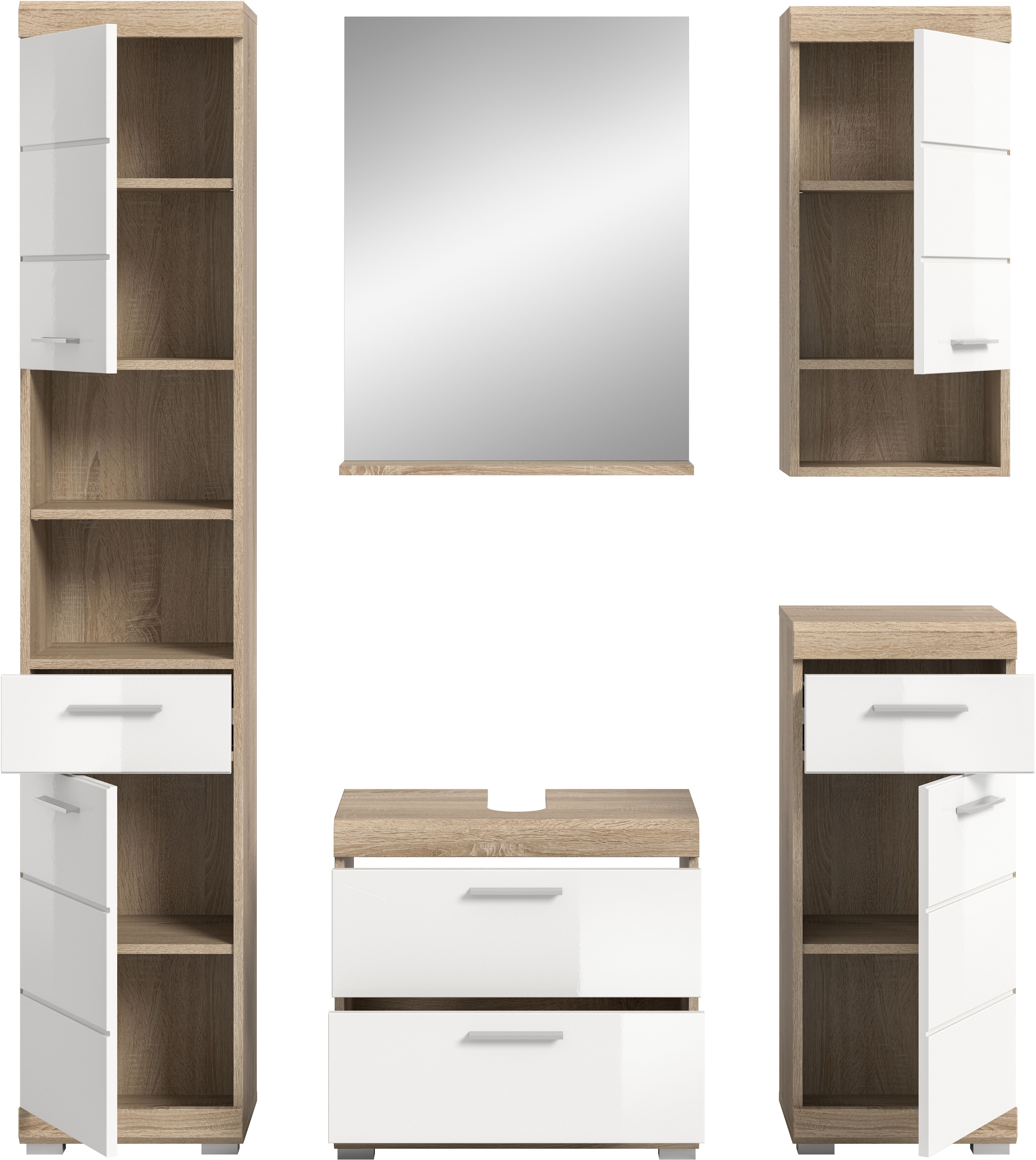 INOSIGN Badmöbel-Set »Siena, 5 teilig, bestehend aus:«, (Set, 5 St.), Hochschrank, WBU, Spiegel, Unterschrank, Hängeschrank