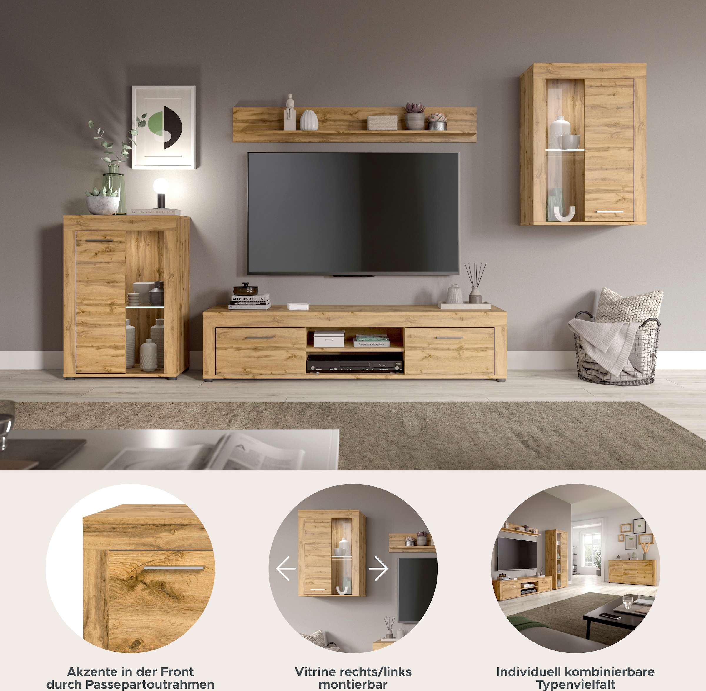 INOSIGN Wohnwand »Aosta, 4-tlg., bestehend aus: 2x Vitrine, Lowboard & Wandboard«, (4 St.), Wohnwand, Kombination, Anbauwand, Möbel Set, Schrankwand, Möbel Kombi