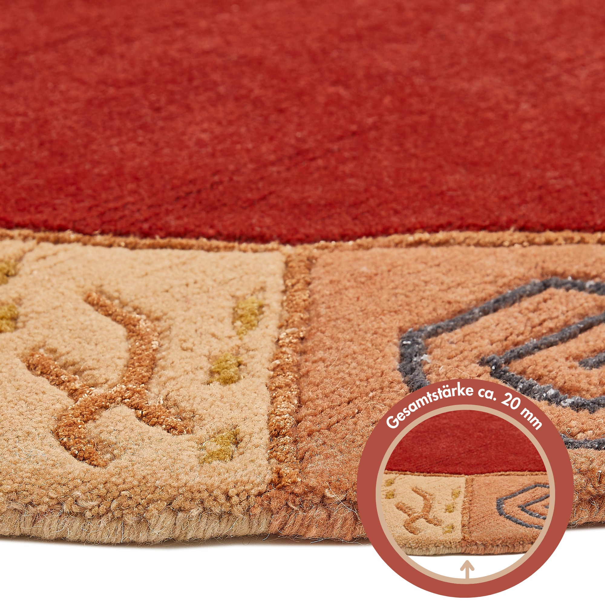 Wollteppich LUXOR LIVING "India" Gr. 9, rot, H:20mm Ø:150cm, Wolle, Teppiche, reine Wolle, handgeknüpft, mit Bordüre 3