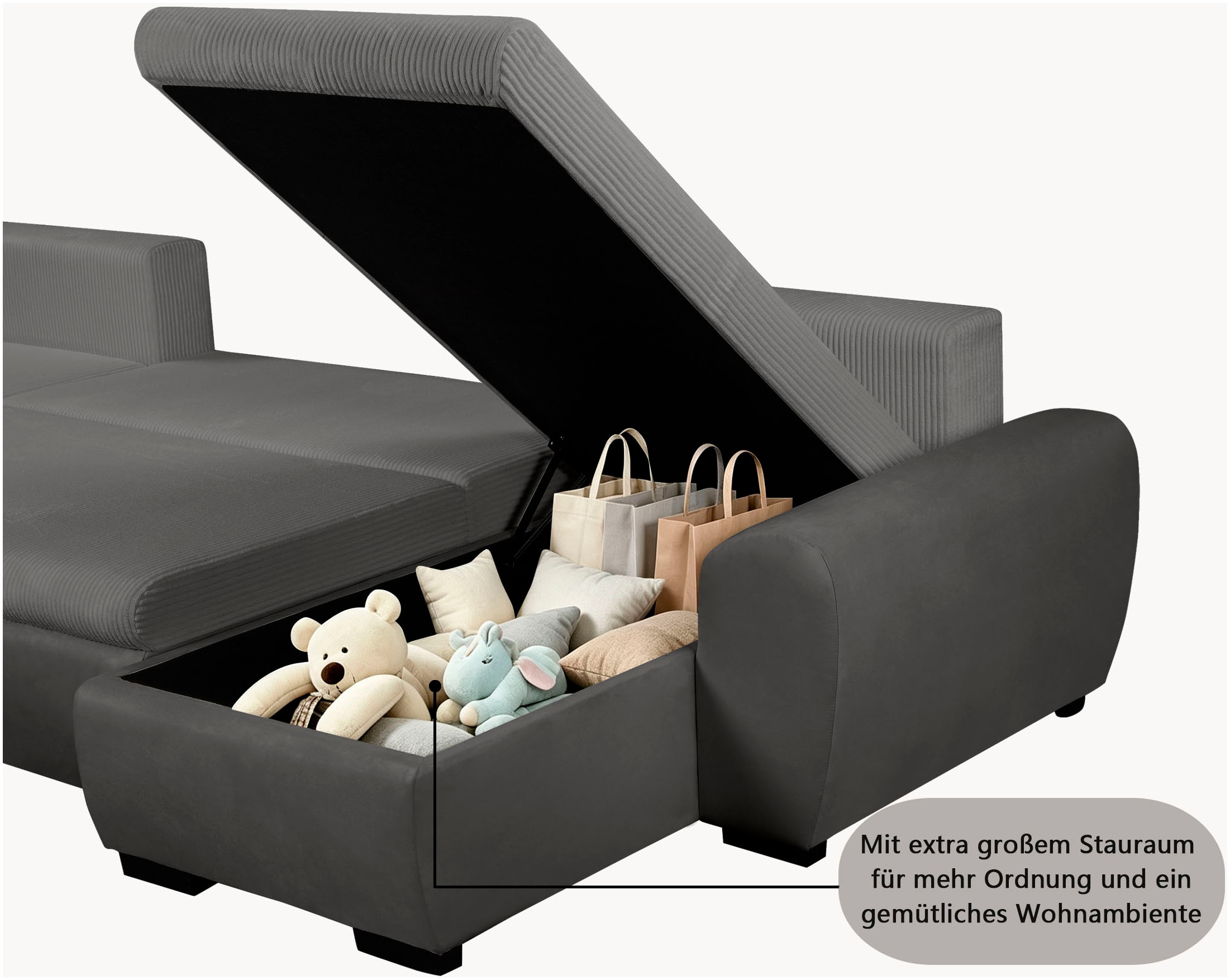 OTTO home Ecksofa »KIVELLA Cord-Struktur, L-Form, 240 cm« Schlaffunktion(128/191), Bettkasten, Cord-Struktur-Mix