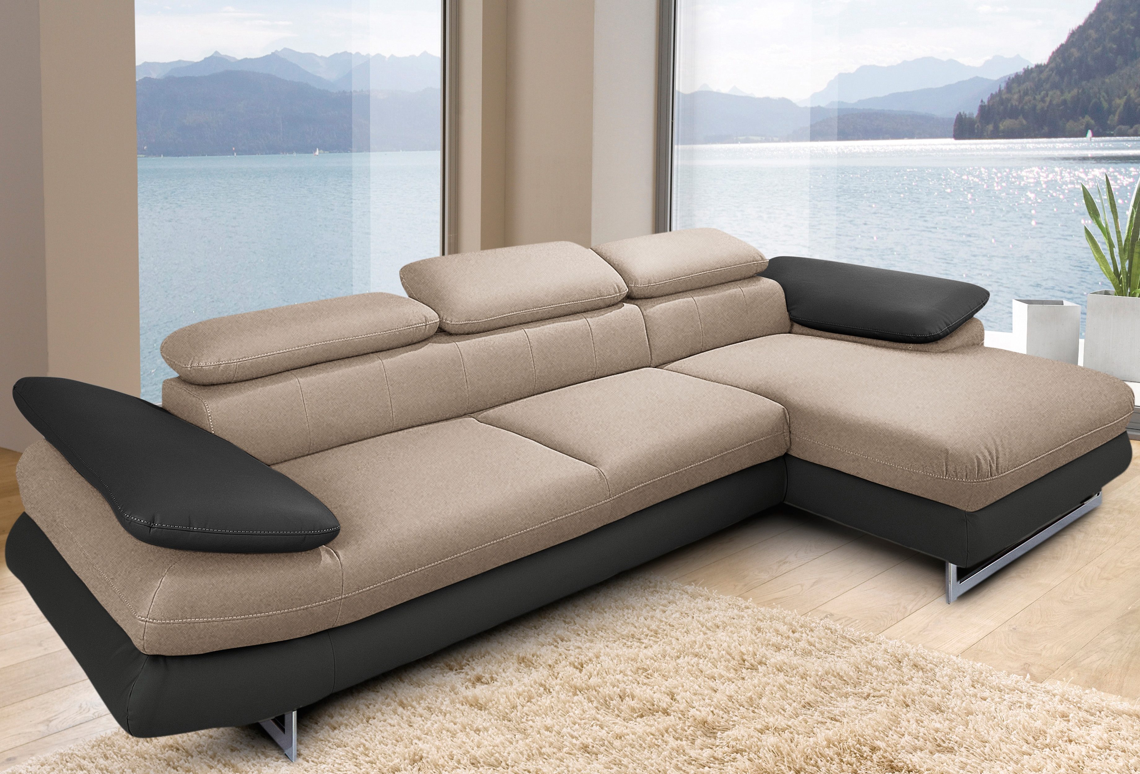COTTA Ecksofa "Solution L-Form, B:286cm,modern mit Relaxarmlehne, Wellenunterfederung" mit Arm- & Kopfteilverstellung, wahlweise mit Schlaffunktion