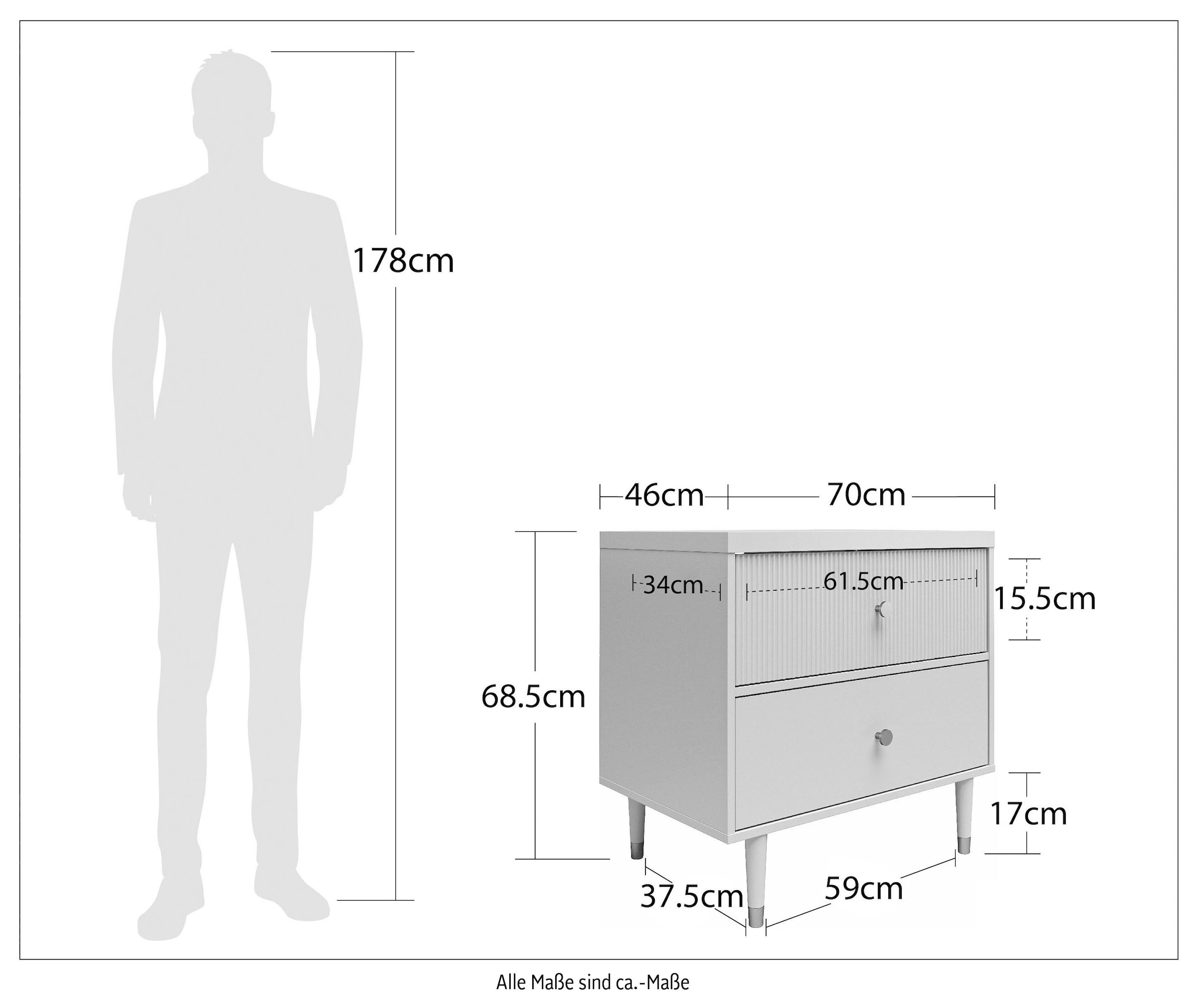 CosmoLiving by Cosmopolitan Nachtkommode »Elizabeth«, mit 2 Schubladen, Beine aus Massivholz mit goldenen Akzenten, B. 70 cm, H. 68,5 cm