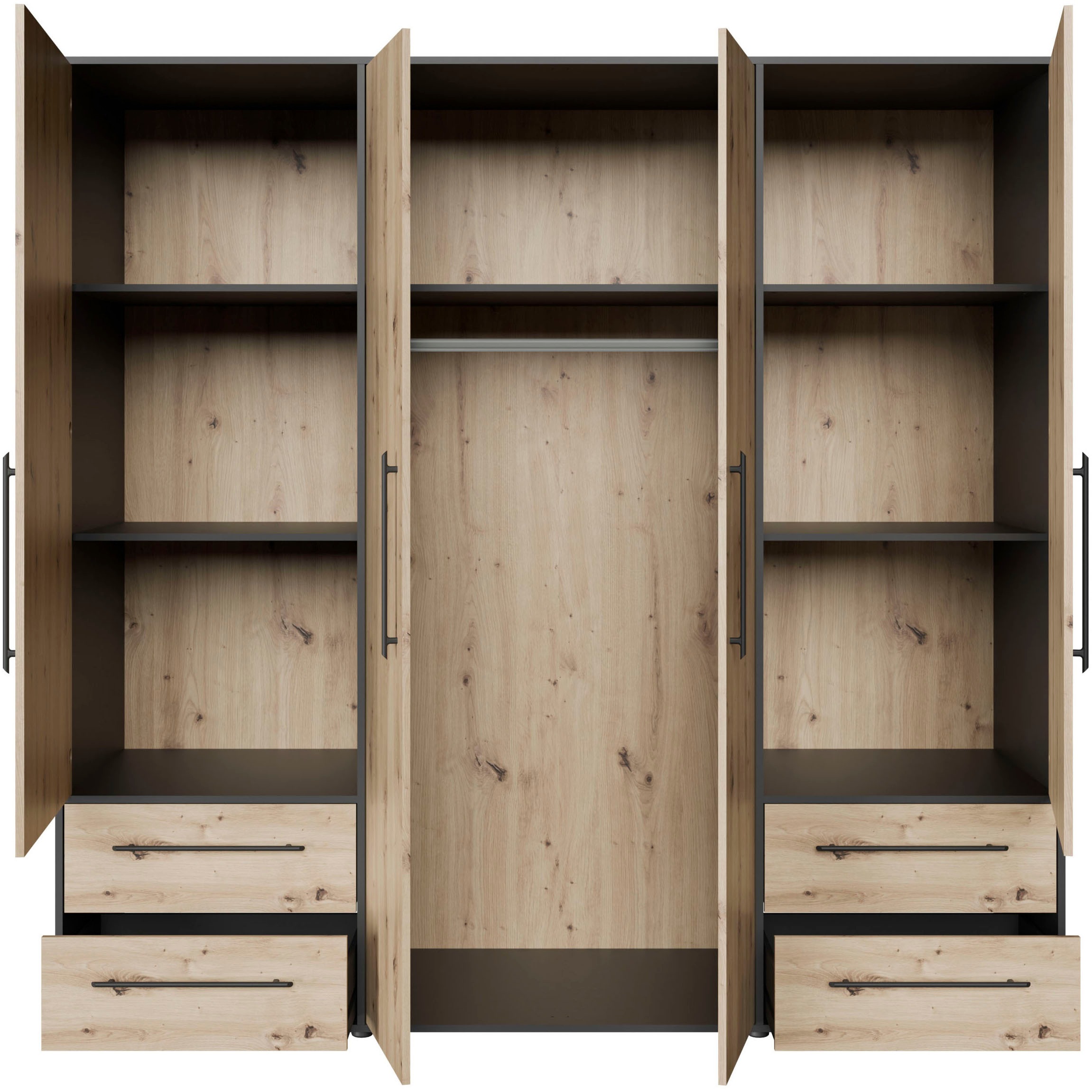 FORTE Kleiderschrank »Mokkaris , Garderobe, zeitloses Design, 4 Türen, Made in Europe« B/H/T ca. 206x200x59cm,  4 Schubladen + schwarze Stangengriffe, Made in Europe, viel Stauraum