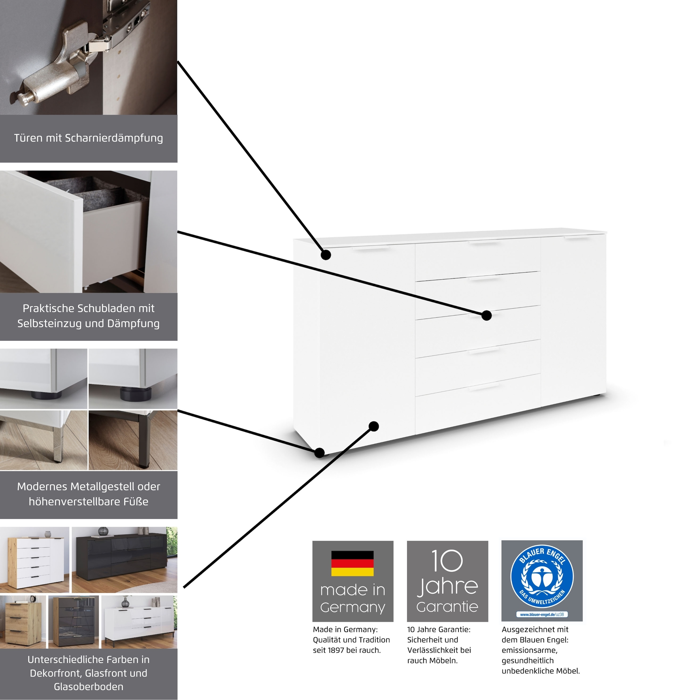 rauch Kommode »Flipp«, 2-türig mit 5 Schubladen und Soft-Close-Funktion in zwei Breiten