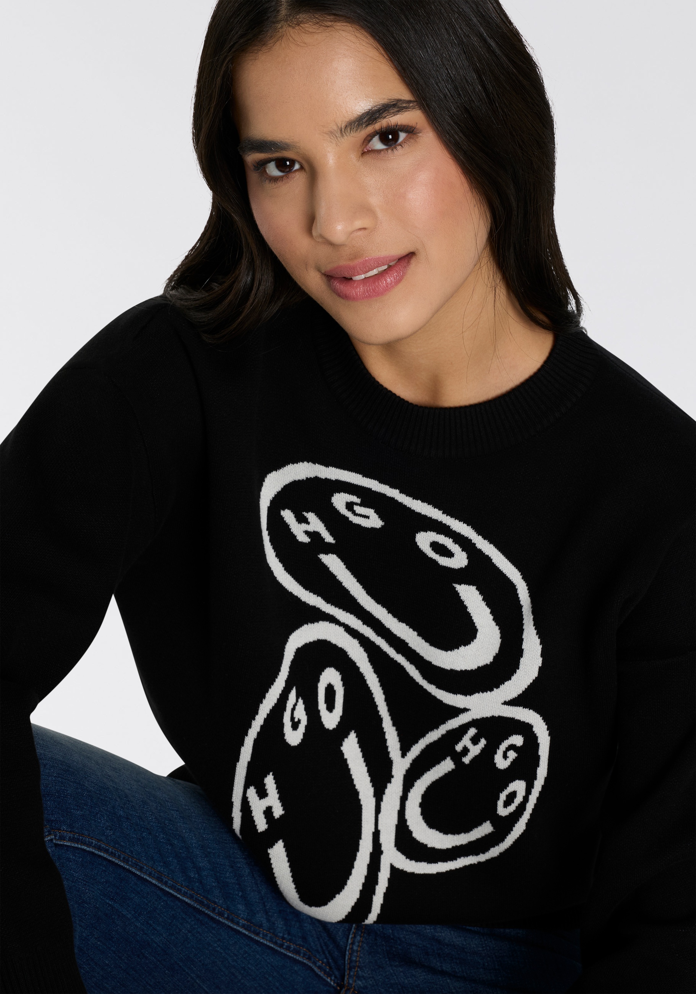 Thumbnail - HUGO Blue Rundhalspullover "Seginy" mit HAPPY HUGO Jacquard