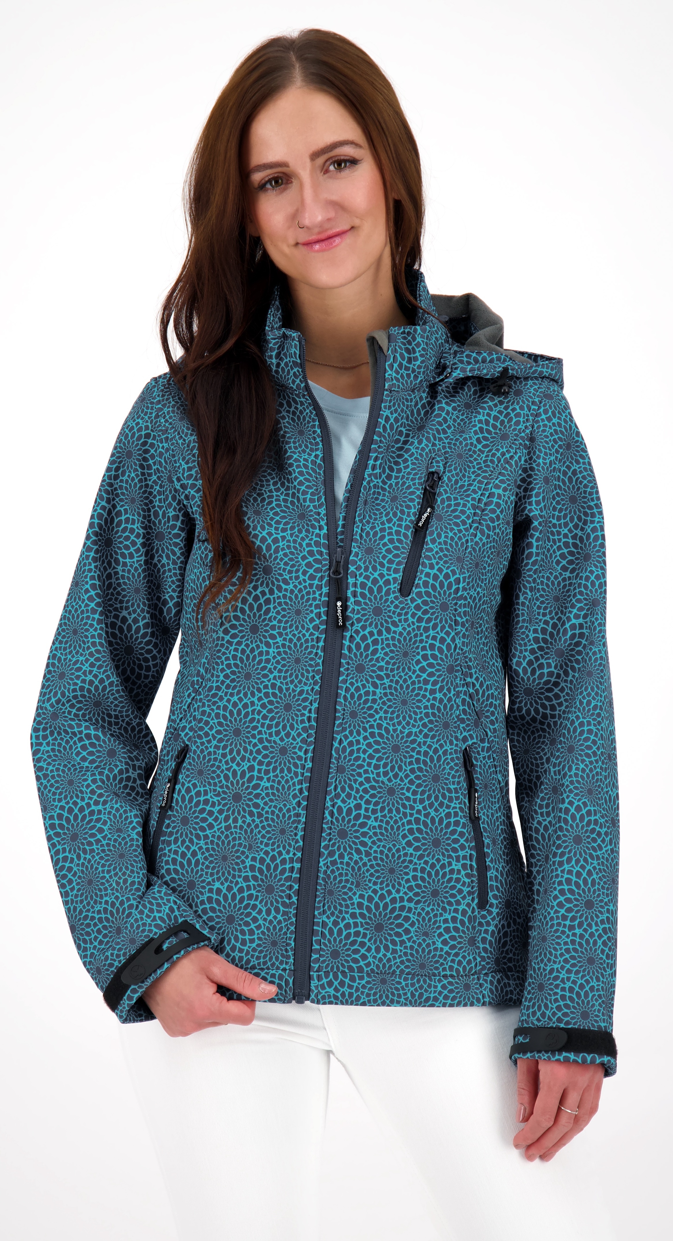 DEPROC Active Softshelljacke "SHELBY PEAK DC" mit Kapuze leichte Softshelljacke mit All-Over-Print und abnehmbarer Kapuze