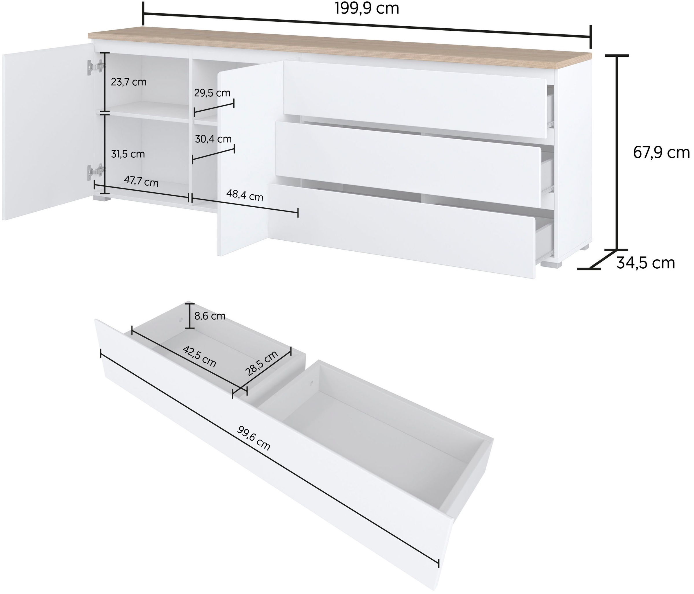 INOSIGN Sideboard »Modo, Breite 200 cm, moderne grifflose Kommode 2Türen/3 SK«, Schubladenkommode mit viel Stauraum, Einlegeböden verstellbar