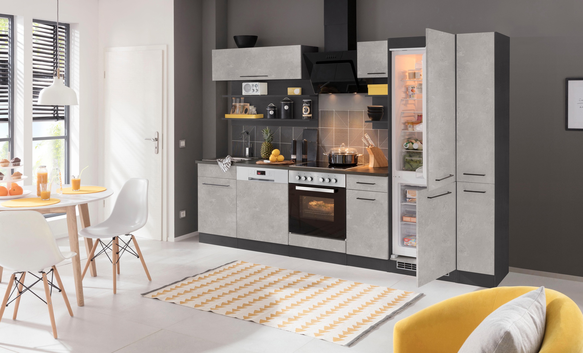 KOCHSTATION Küchenzeile »KS-Tulsa«, mit E-Geräten, Breite 300 cm, schwarze Metallgriffe, MDF Fronten