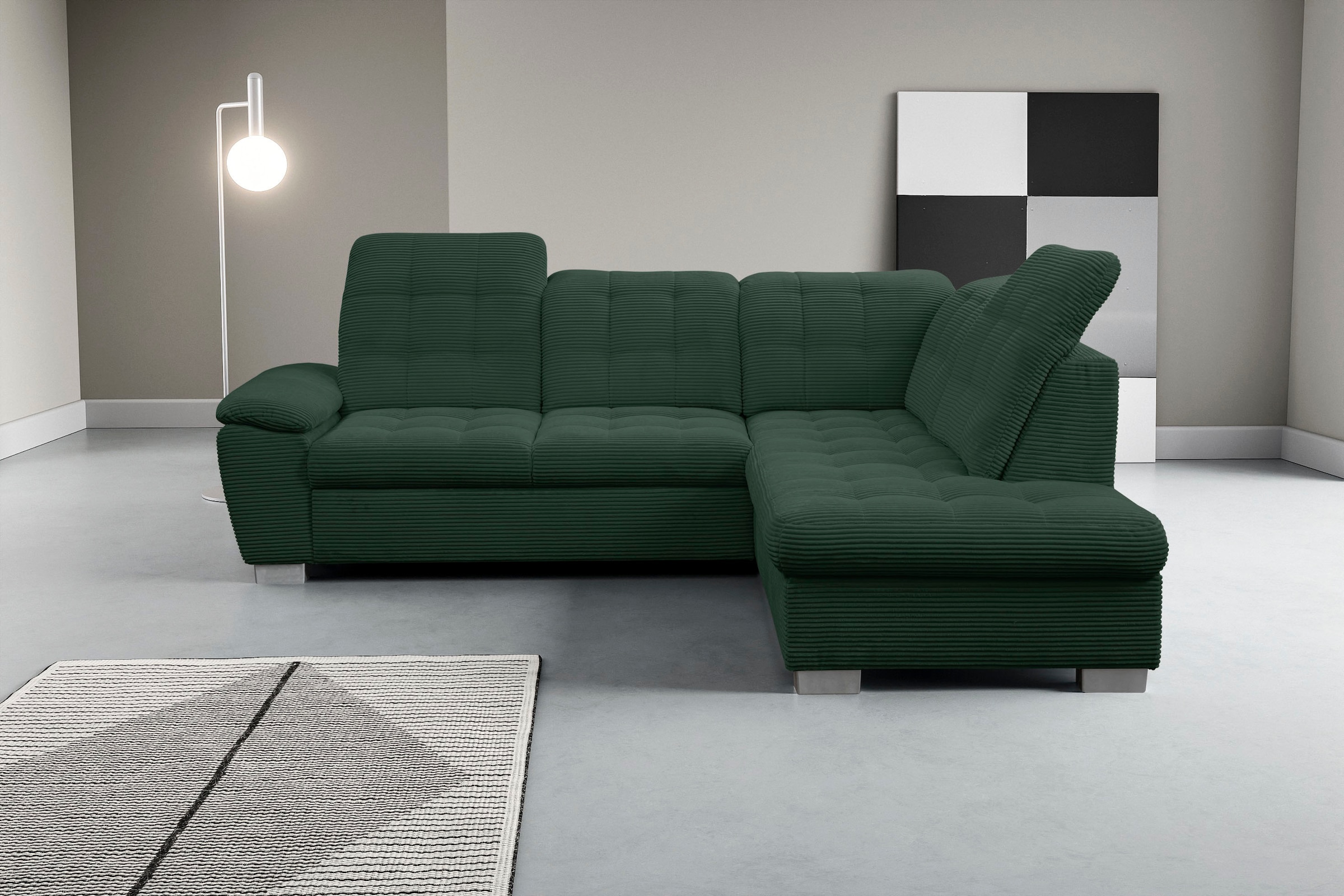 WERK2 Ecksofa "Bonny 265 x 215 cm inkl. Kopfteilverstellung modern und bequem" Cord, L-Form, Schlaffunktion, Bettkasten