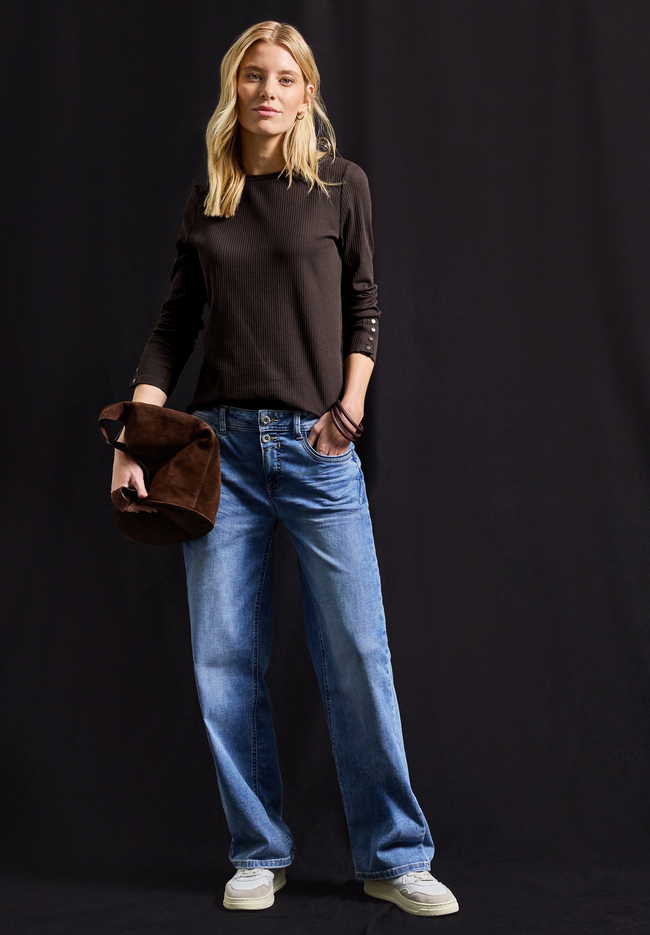 STREET ONE Langarmshirt, mit Rippstruktur und Langarm mit Knopfdetail