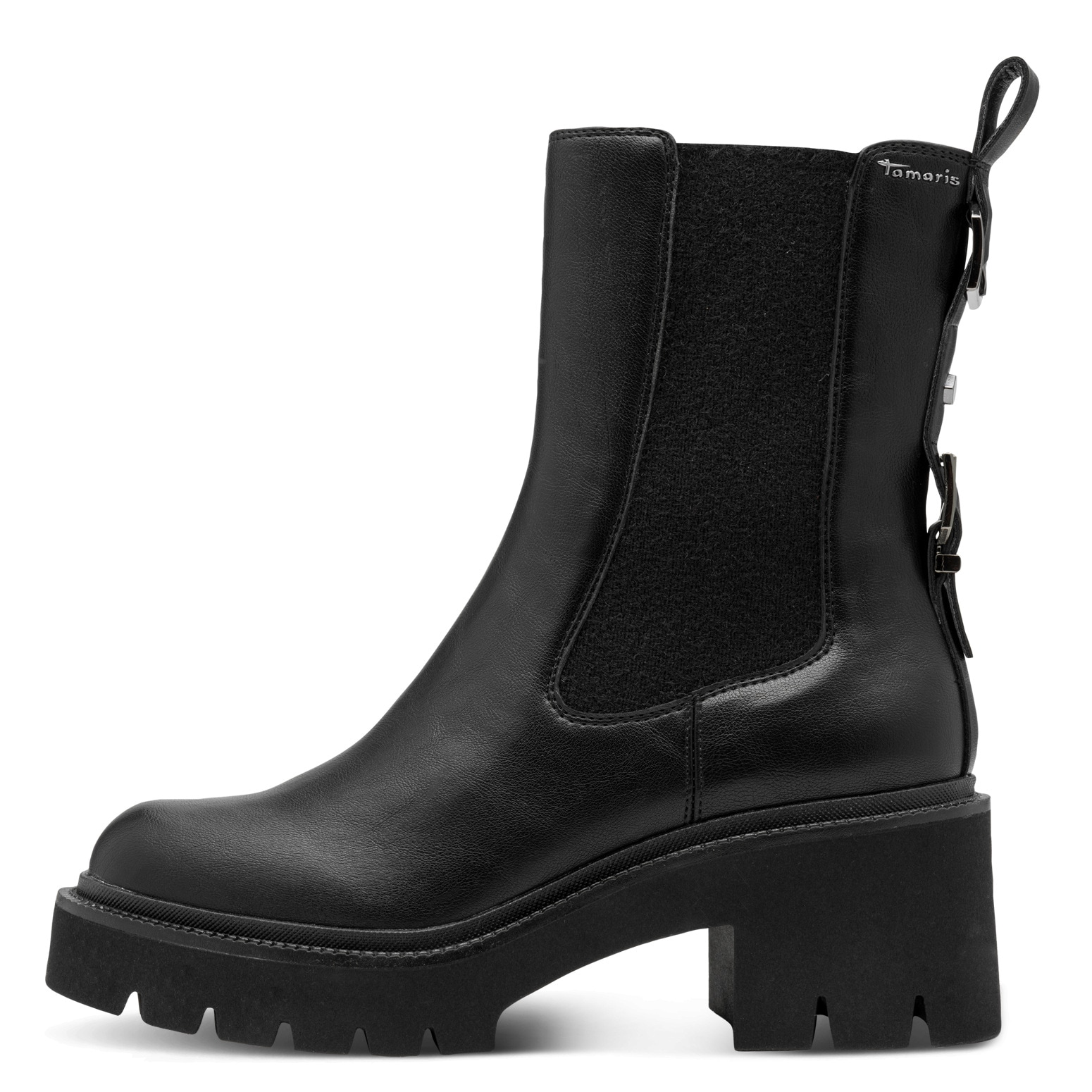 Tamaris Chelseaboots, Blockabsatz, Stiefelette mit Zierschnallen-Element an der Ferse