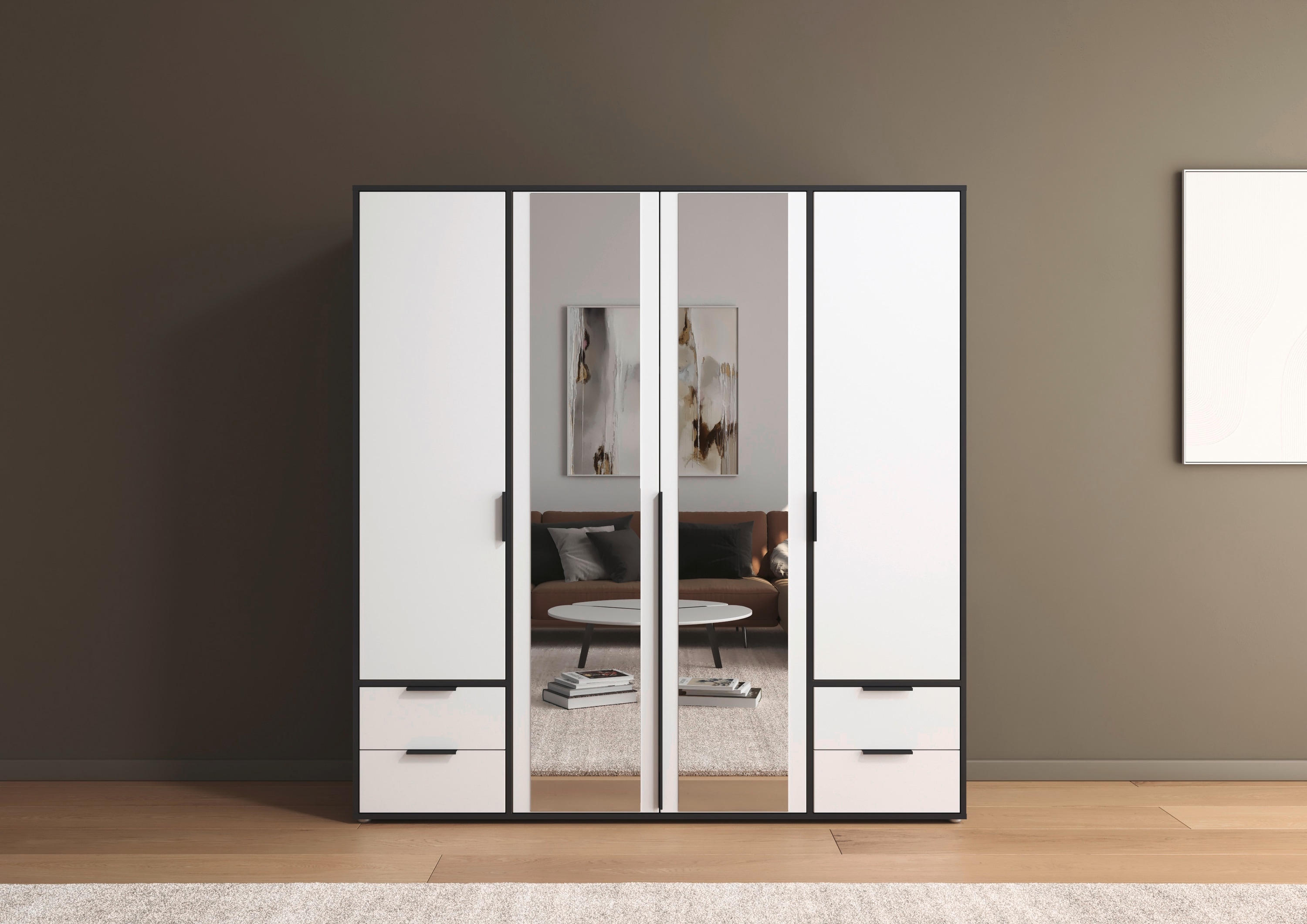 rauch "Kleiderschrank Schrank Garderobe Wäscheschrank NAGATA mit Spiegel" in 3 verschiedenen Ausstattungen BASIC/CLASSIC/PREMIUM, und Schubladen sowie Stangengriffen TOPSELLER MADE IN GERMANY