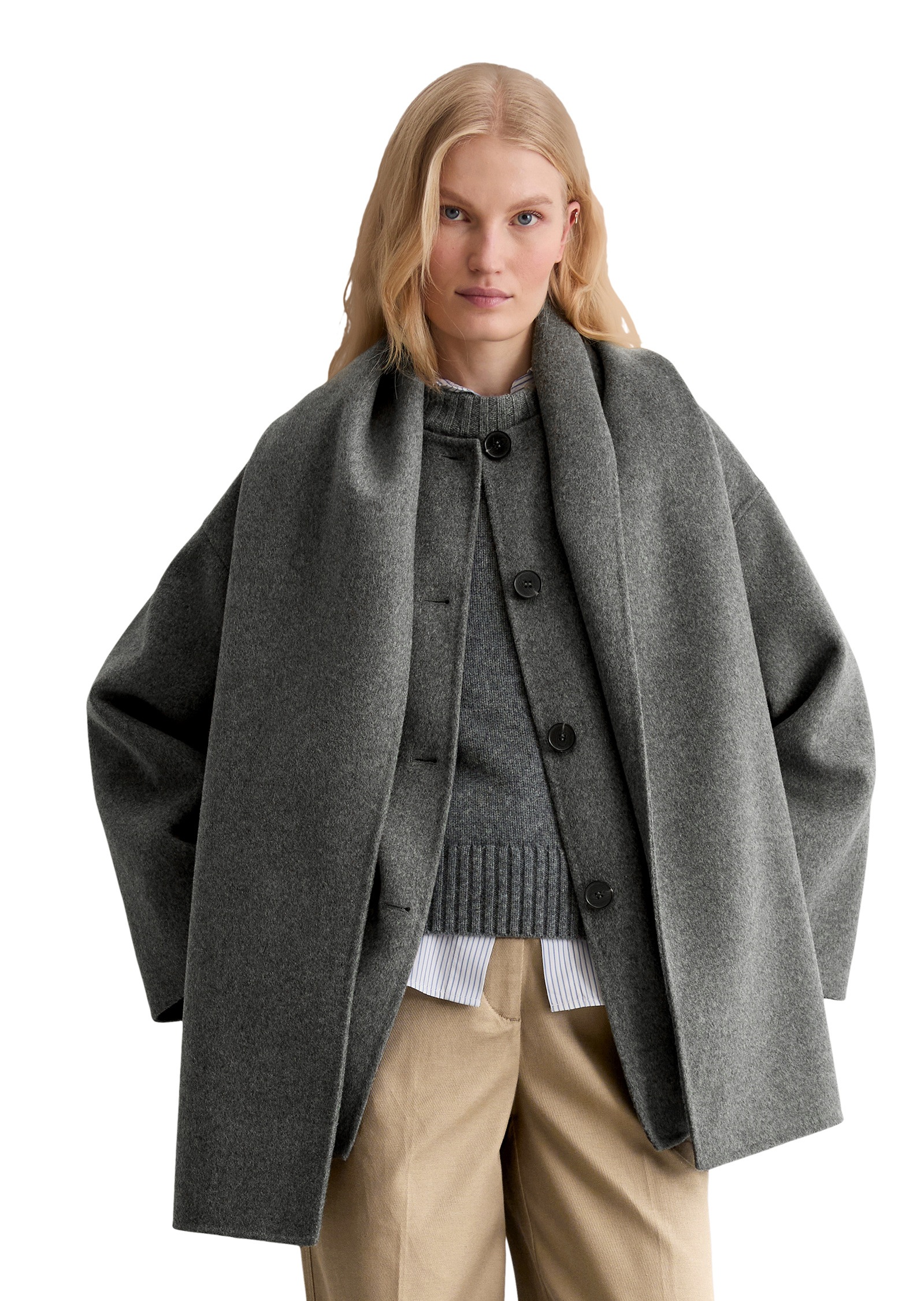 Outdoorjacke MARC O'POLO "aus Doubleface-Wolle-Mix", Damen, Gr. 40, warm granite melange, Obermaterial: 50% Wolle, 50% Polyester, unifarben, relaxed fit, blind abgesteppte Kante, Jacken Outdoorjacke