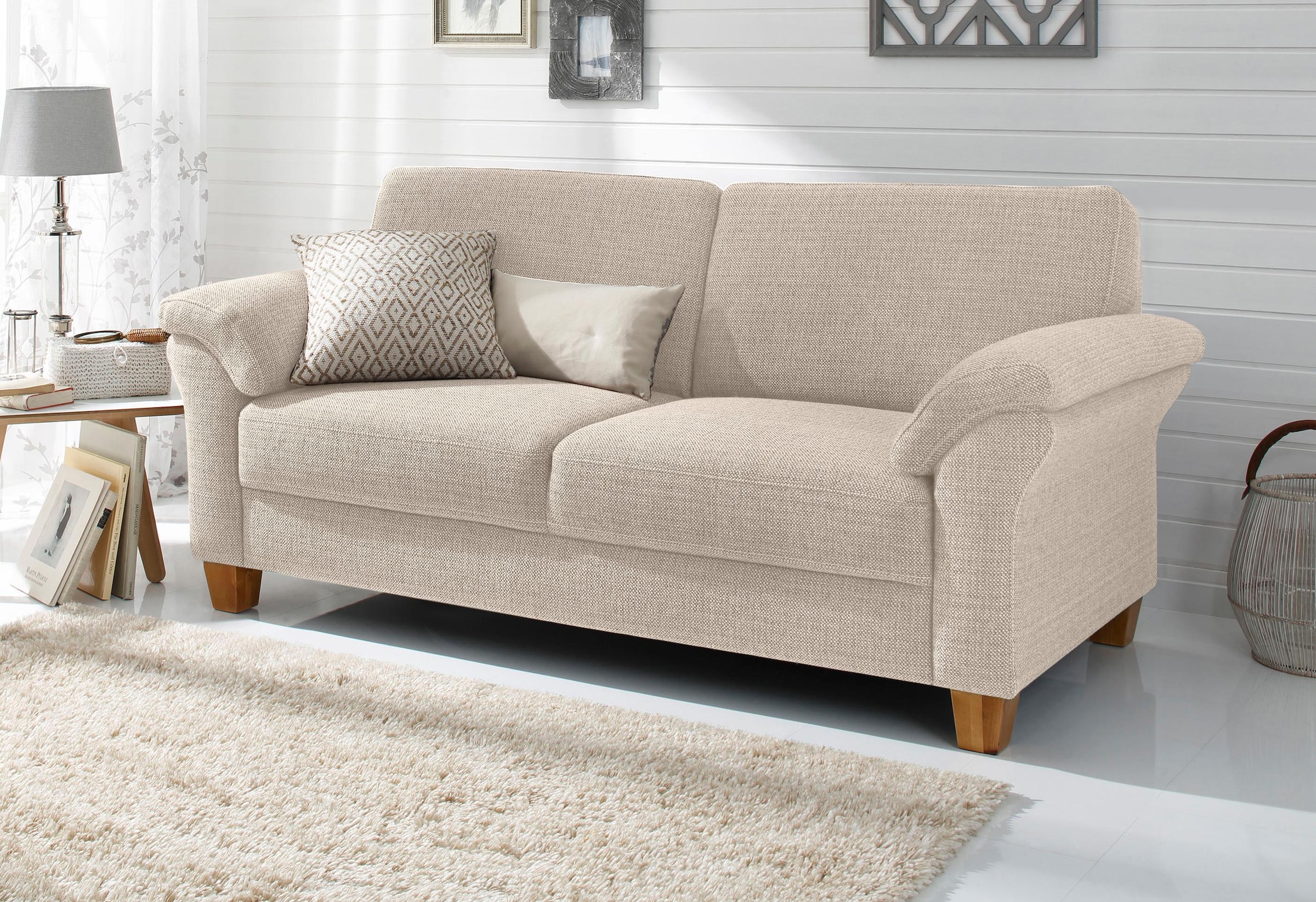 OTTO home 3-Sitzer "Borkum, B: 186 cm, Federkern, Komfortsitzhöhe 46 cm" Landhausstil, Holzfüße, Kopfstützen nachrüstbar