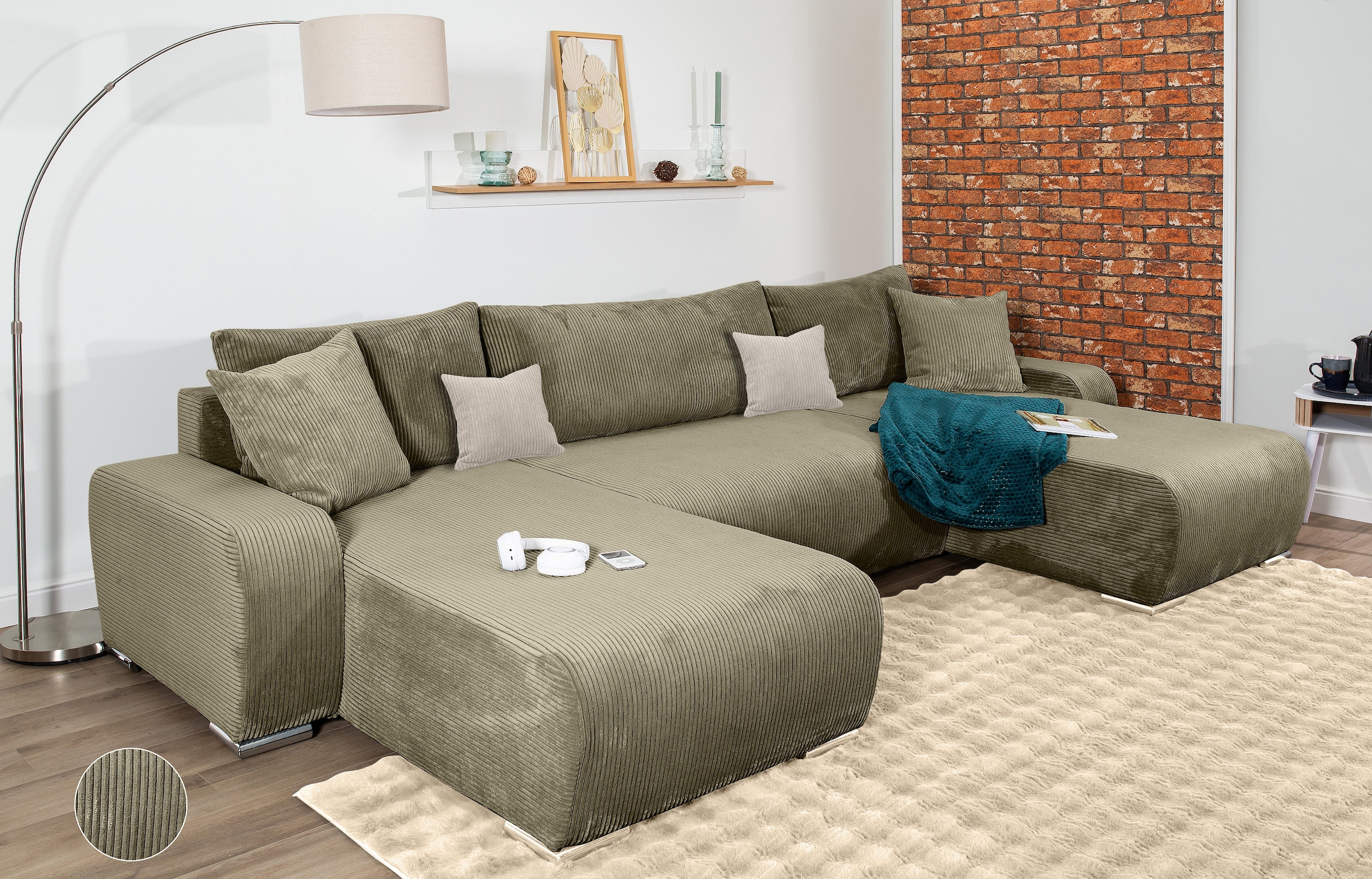 COLLECTION AB Wohnlandschaft »Paola U-Form«, mit Schlaffunktion, Stauraum, Zierkissen und Bonnellfederkern, Cord