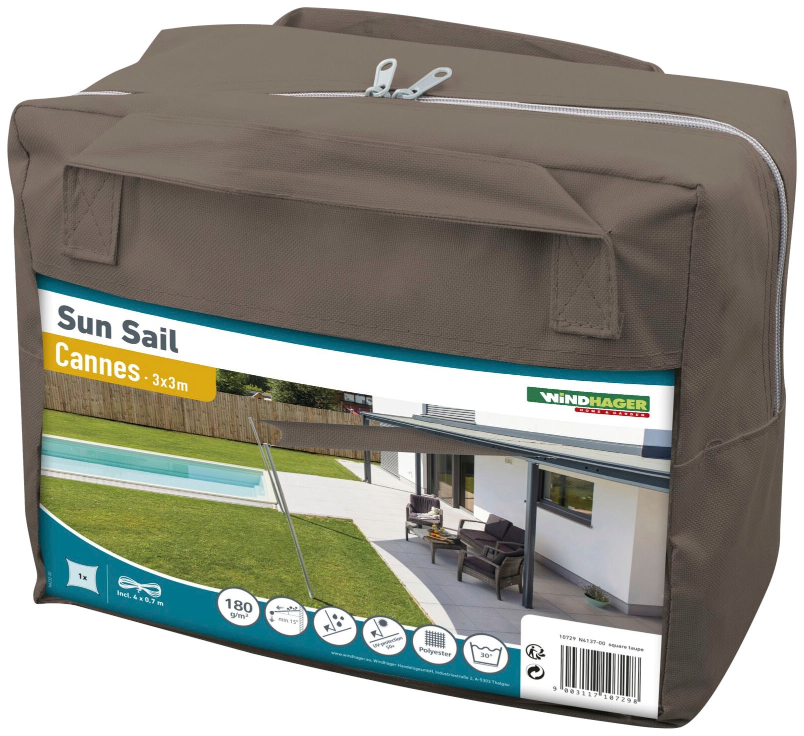 Windhager Sonnensegel »Cannes Quadrat«, 3x3m, taupe