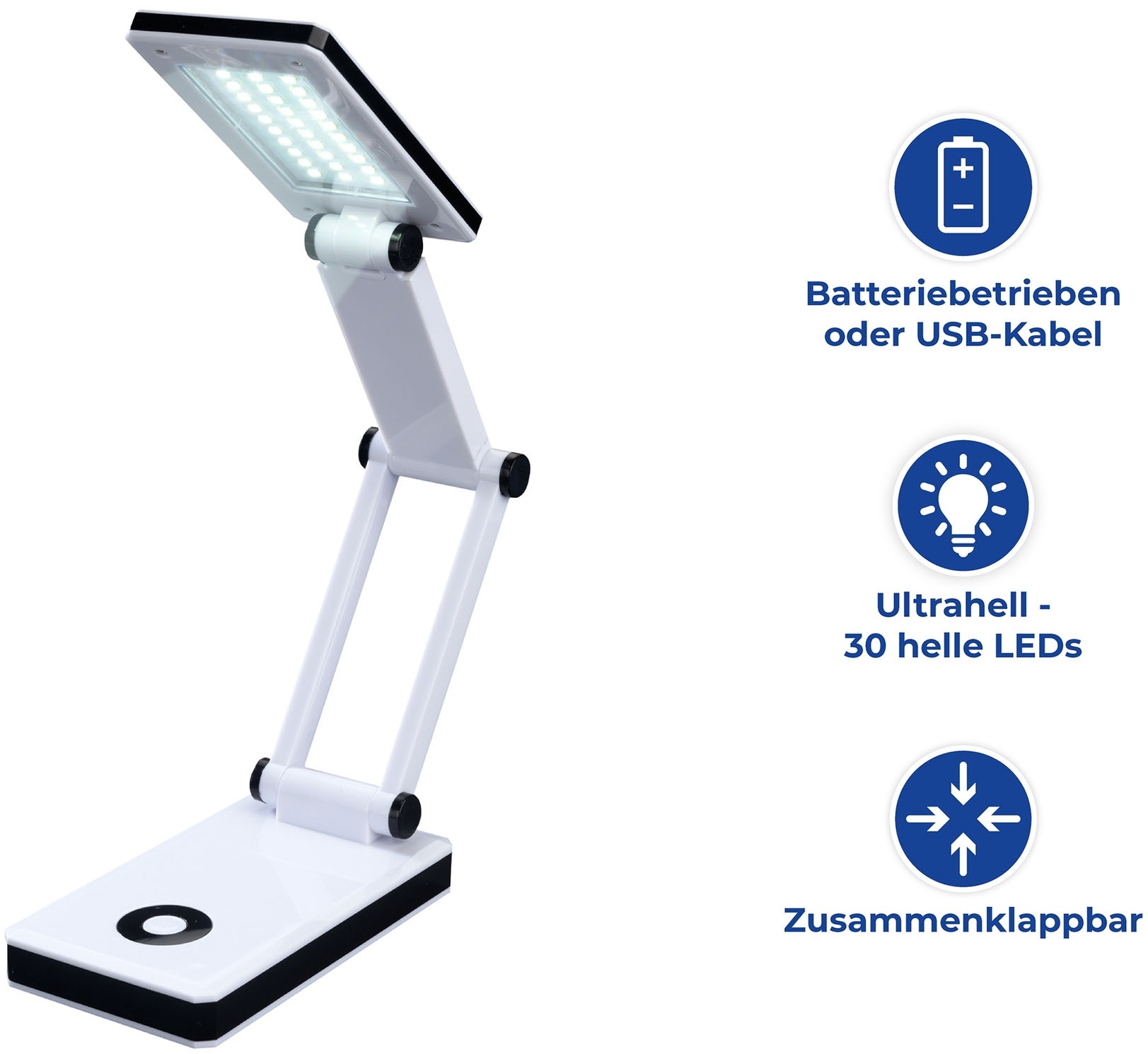 Maximex LED Schreibtischlampe »faltbar«, Leuchtmittel LED-Modul | LED fest integriert, LED Lampe, stufenlos verstellbar, USB-Port oder Batteriebetrieb