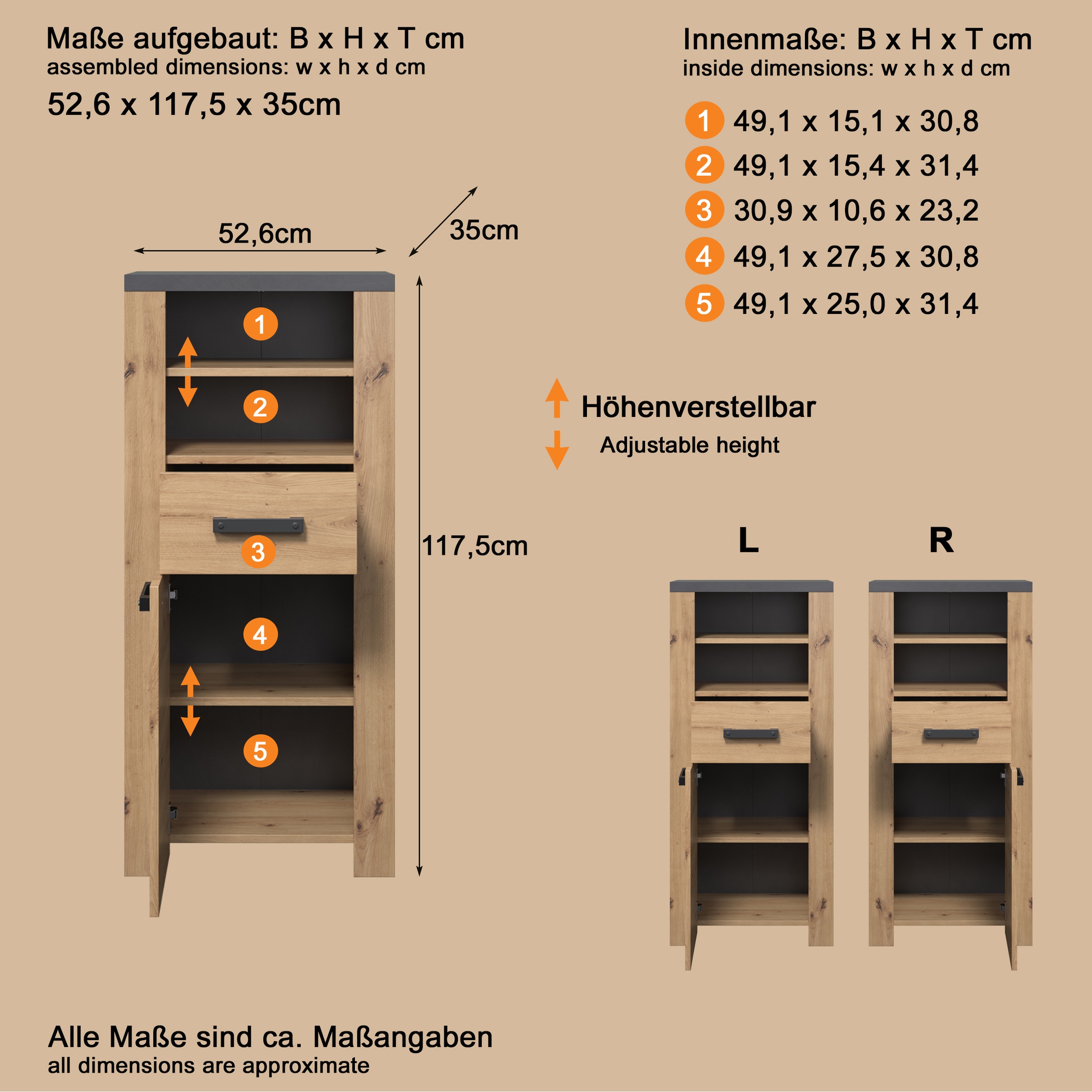Thumbnail - welltime Midischrank "Ambres" 1 Stk. tlg. Badschrank in matter Echtholzoptik - Maße (B/T/H) 53/35/118 cm