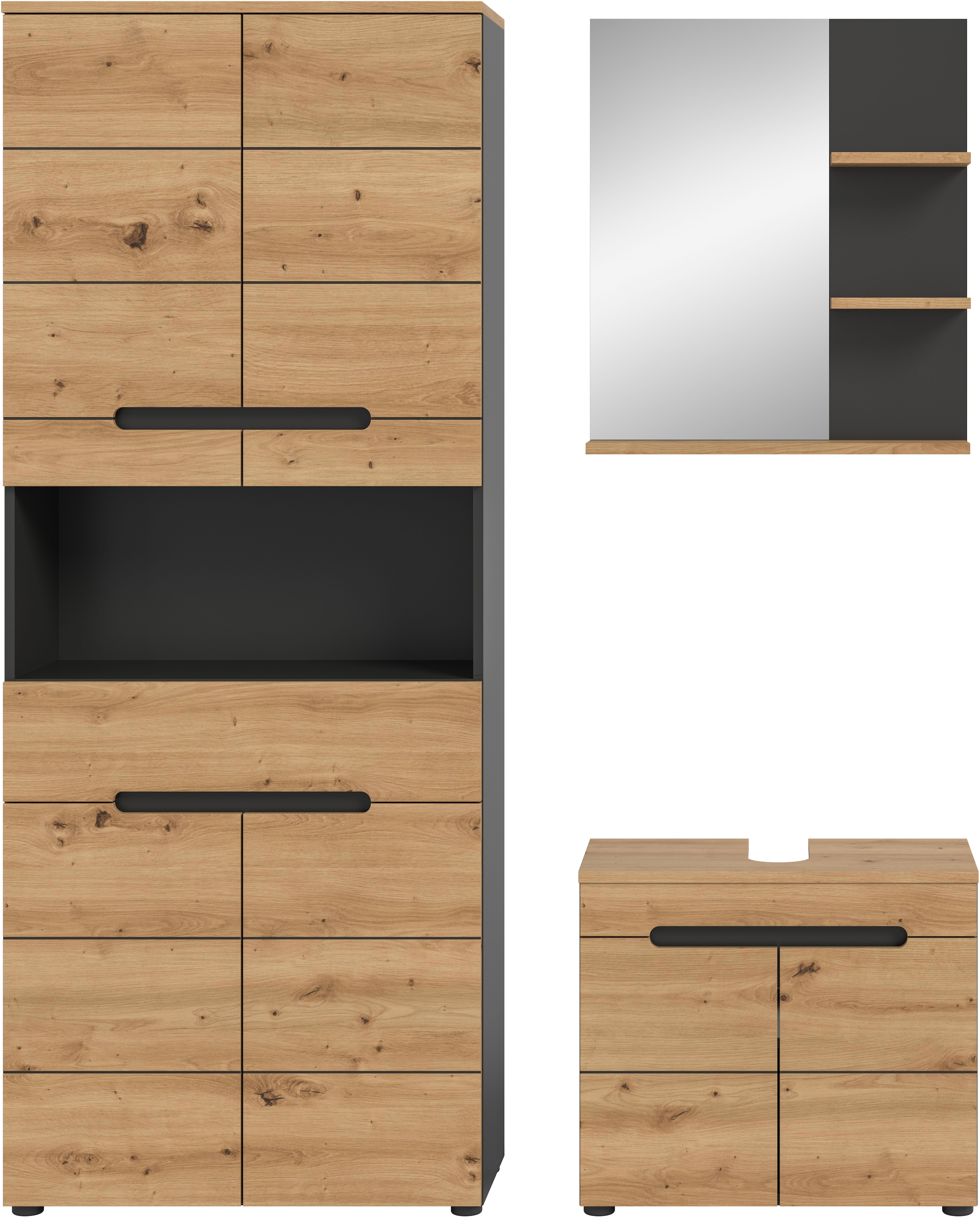 INOSIGN Badmöbel-Set »REHAT, 3-teilig, Breite 154 cm, mit grifflosen Fronten, bestehend aus:«, (3 St.), 1x Hochschrank, 1x Waschbeckenunterschrank & 1x Badspiegel