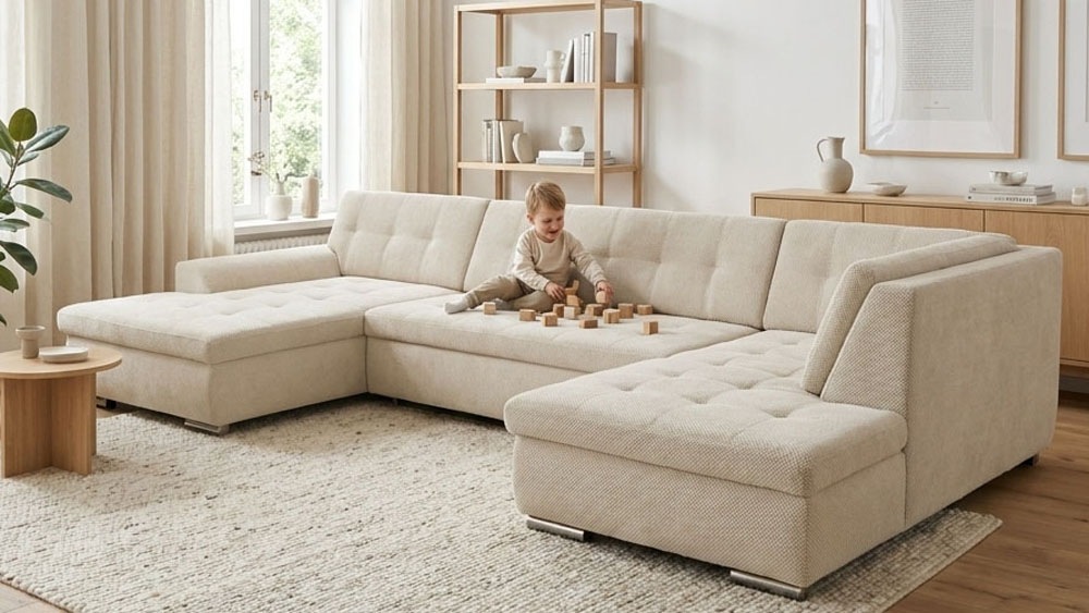 OTTO home Wohnlandschaft "Torrnby 360 x 201 cm, mit Steppungen, modern & stabil" mit Schlaffunktion, U-Form, aus Pet Friendly Bezug