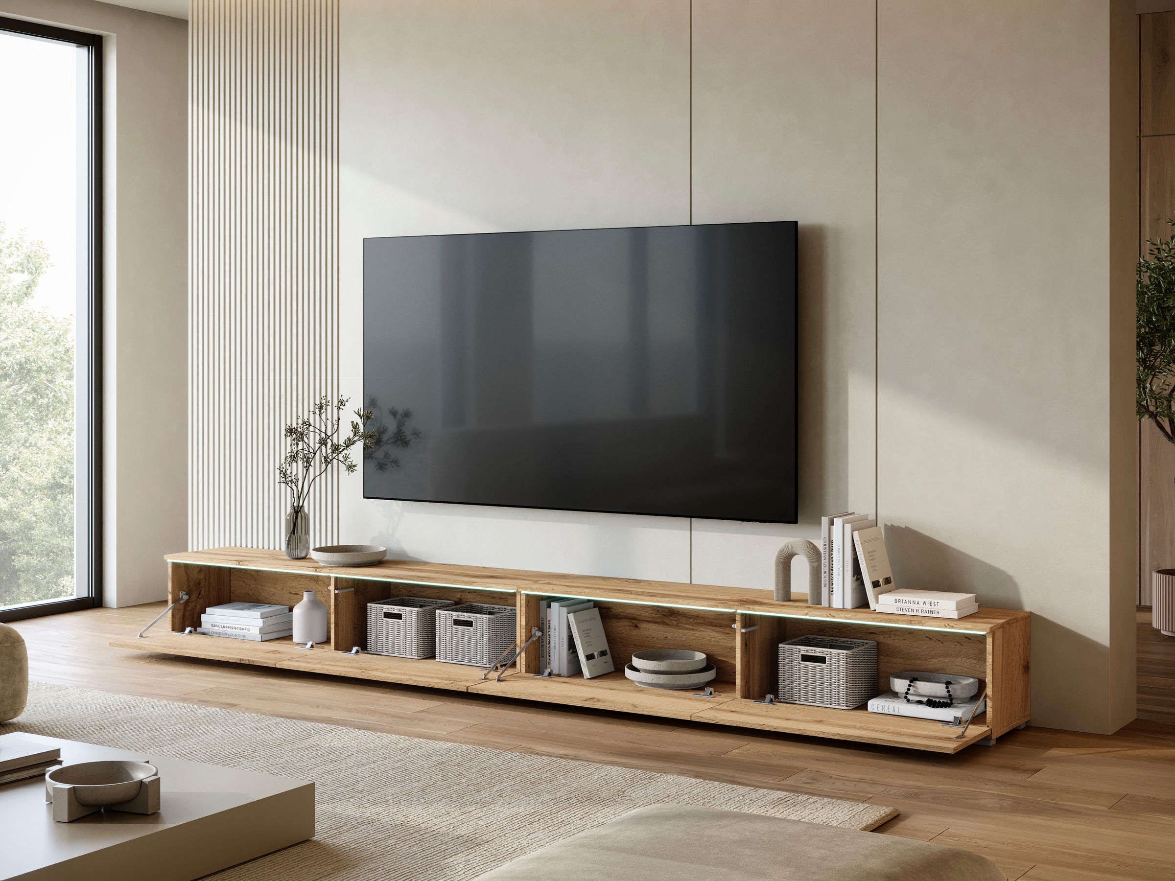 Home affaire Lowboard »Vera, TV-Schrank, Breite 300 cm, verschiedene Farbausführungen« 1 Stk. tlg. Mit LED, 4 Klappen, grifflose Fronten, hängend oder stehend
