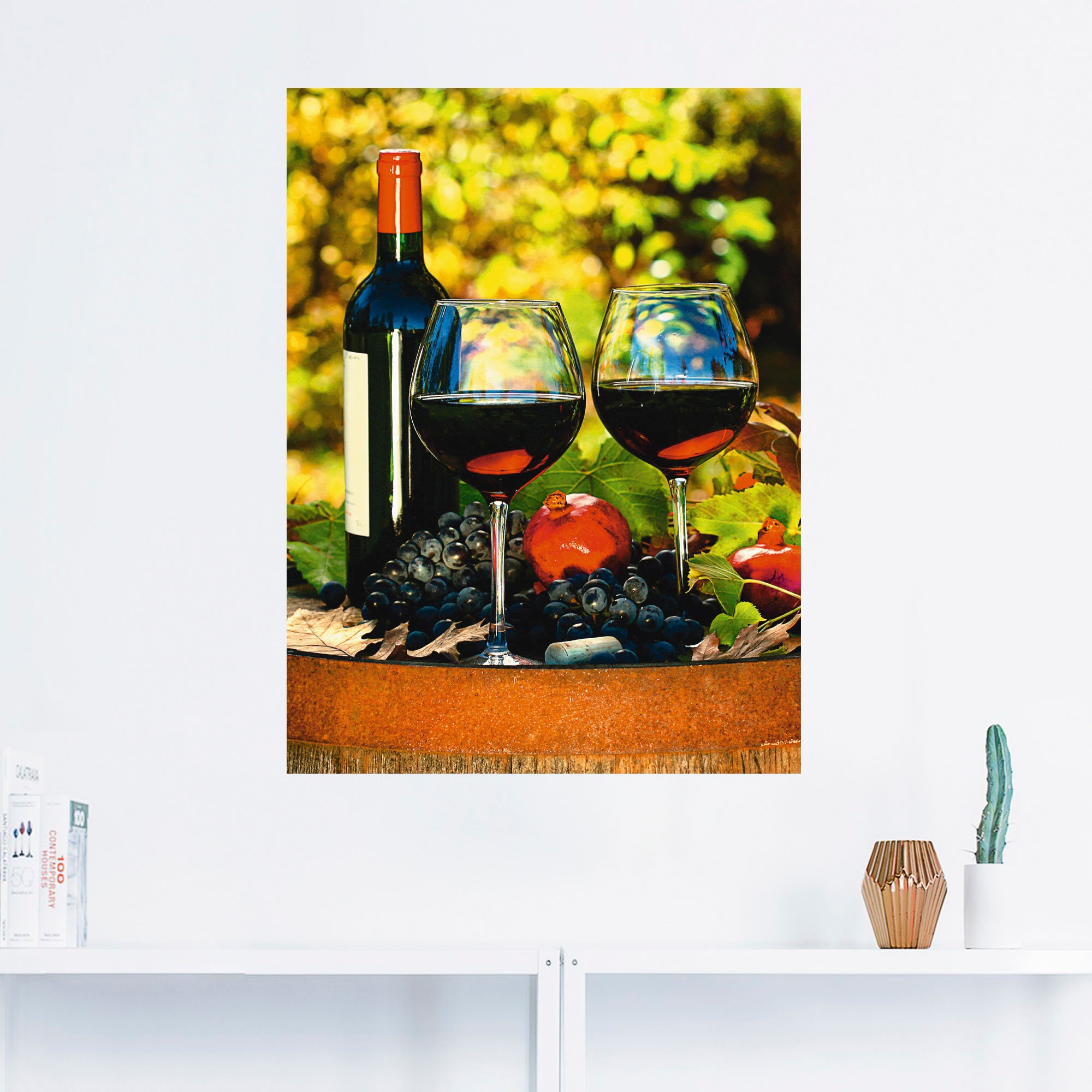 Artland Wandbild "Gläser Rotwein auf altem Fass", Getränke, (1 St.), als Po günstig online kaufen