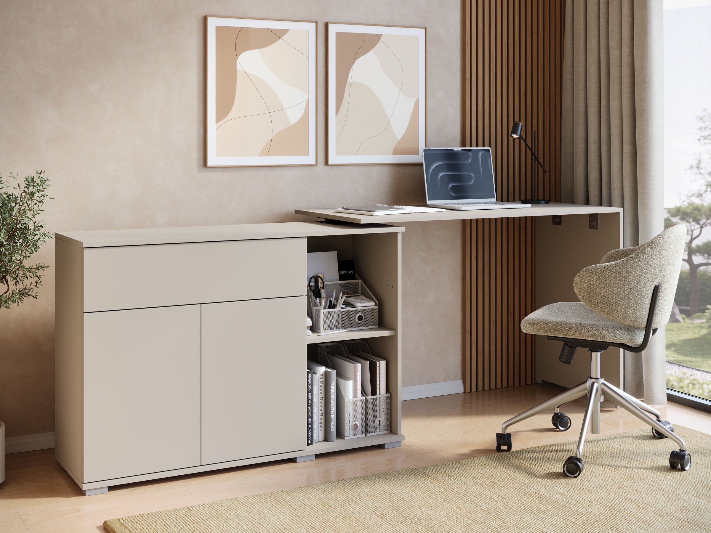OTTO home Schreibtisch »Kenia mit drehbarer Tischplatte 90°/180°, B/H/T: 109,5/75/50 cm« 1 Stk. tlg. Schublade & Türen mit Push-to-open, 2 höhenverstellbare Böden