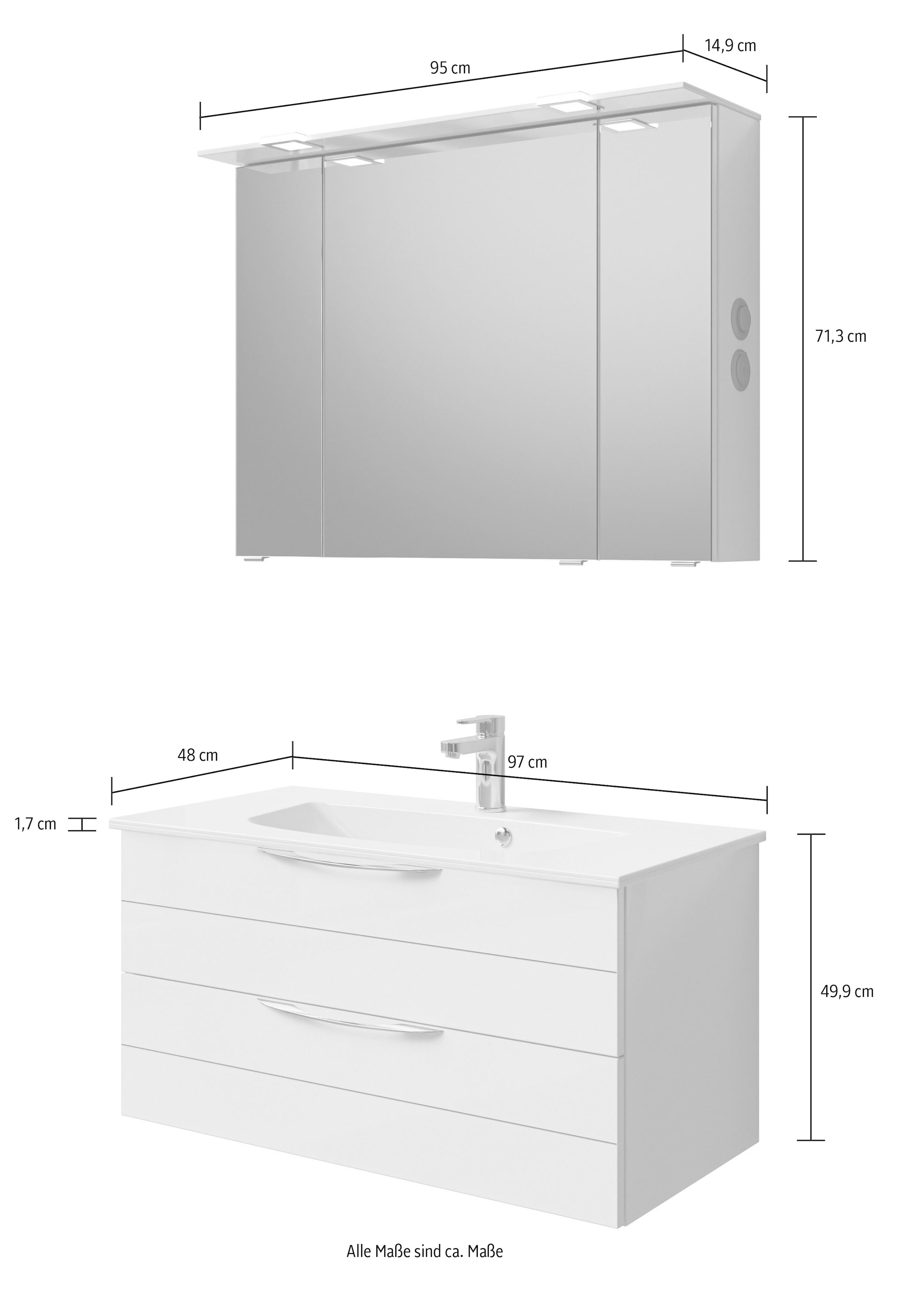 Saphir Badmöbel-Set »Serie 6025 2-teilig Mineralmarmor-Waschtisch mit LED-Spiegelschrank«, (2 St.), Waschplatz 97 cm breit, 2 Schubladen, 3 Spiegel-Türen, inkl Türdämpfer