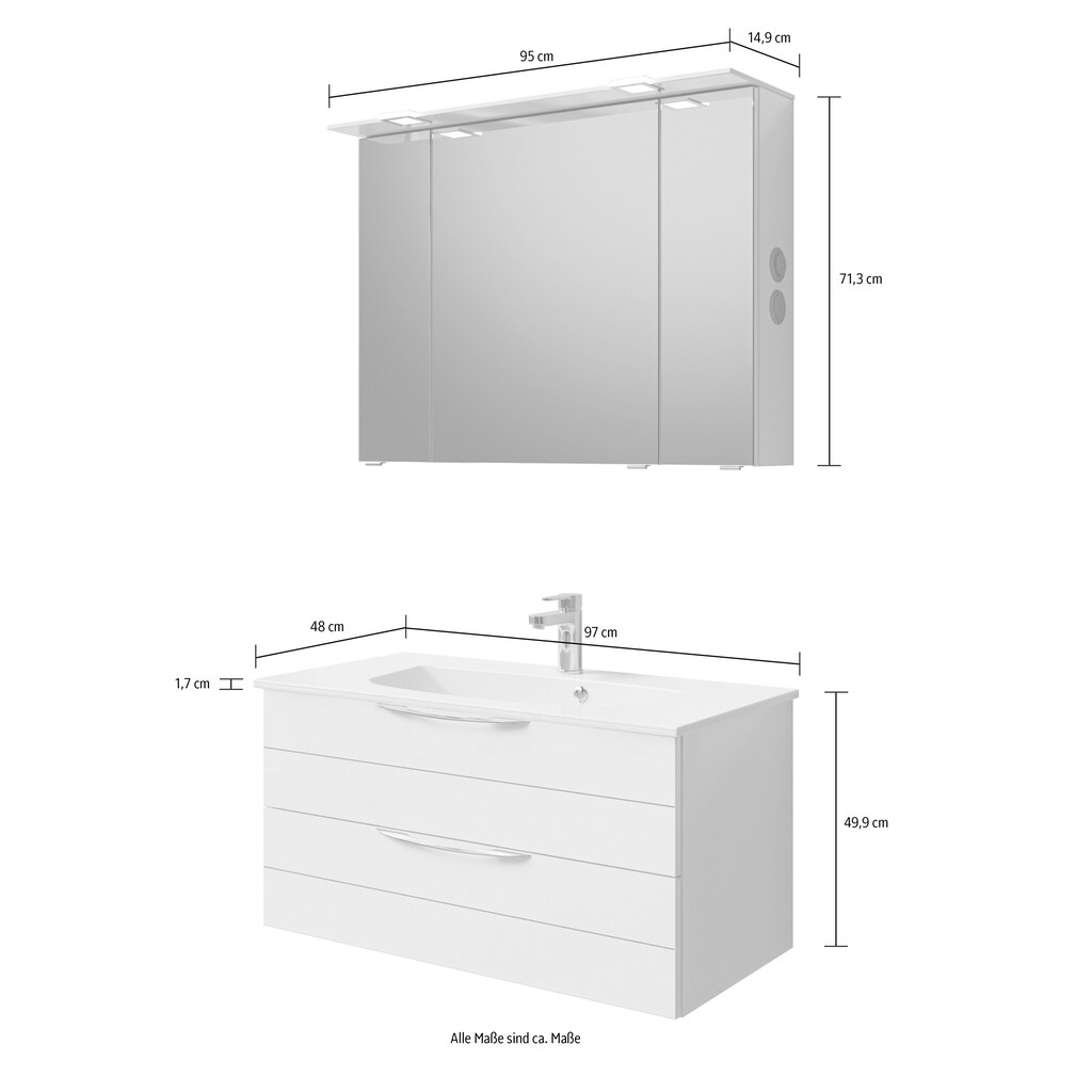 Saphir Badmöbel-Set »Serie 6025 2-teilig Mineralmarmor-Waschtisch mit LED-Spiegelschrank«, (2 St.)