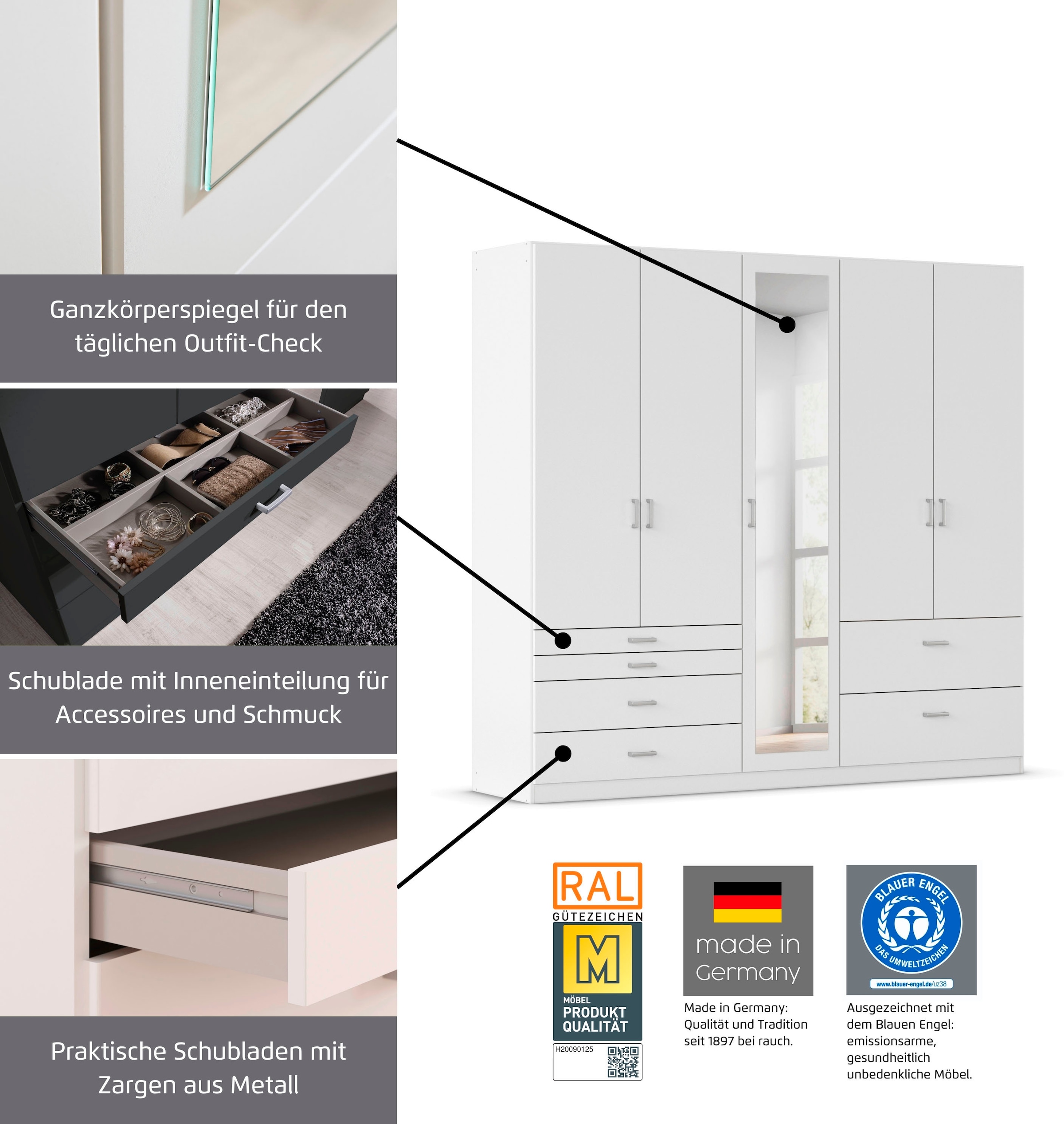 rauch Drehtürenschrank »Kleiderschrank Schrank Garderobe Wäscheschrank WILDBERG« Breiten 230/275 cm, Höhen 212/231 cm,  mit 6 Schubladen, obere Schublade mit Holz-Einteilung MADE IN GERMANY