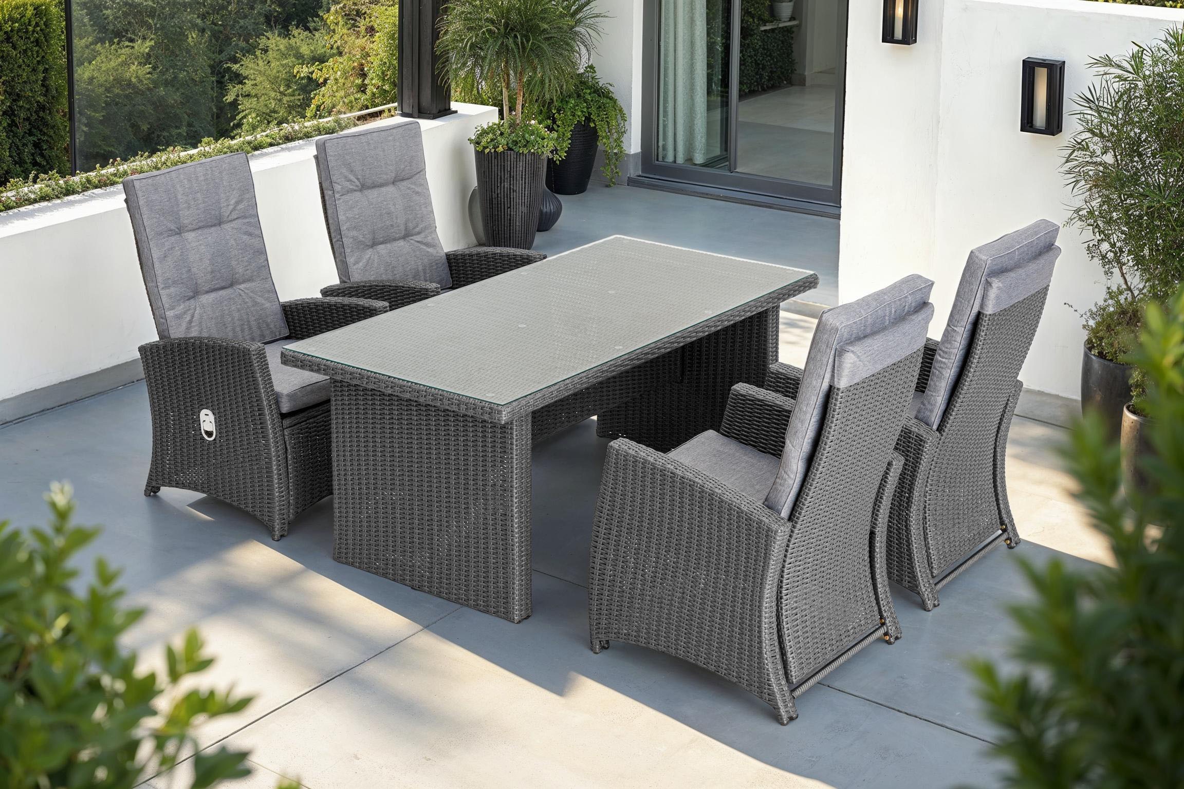 KONIFERA Garten-Essgruppe »»New Paris««, (Set, 13 tlg., 4 Sessel, Rückenlehne verstellbar, Tisch 90x180x75 cm), inkl. Auflagen, Aluminium/Polyrattan