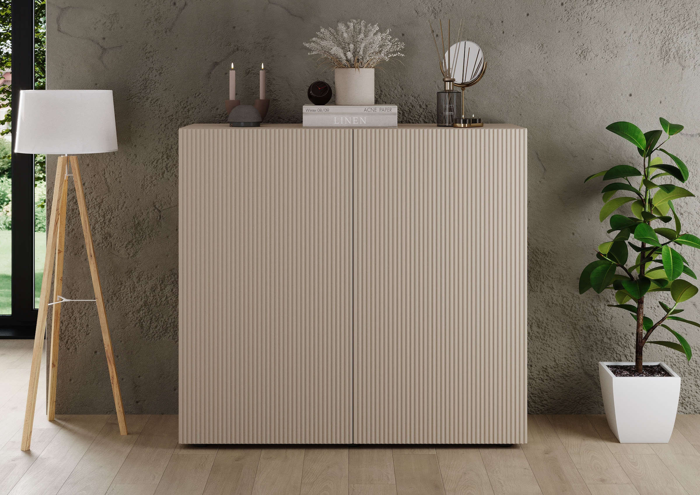 INOSIGN Highboard »Rio Höhe 111 cm u. Breite 120 cm, Kommode mit 2 Türen,«, geriffelte Front, modern u. elegant, viel Stauraum