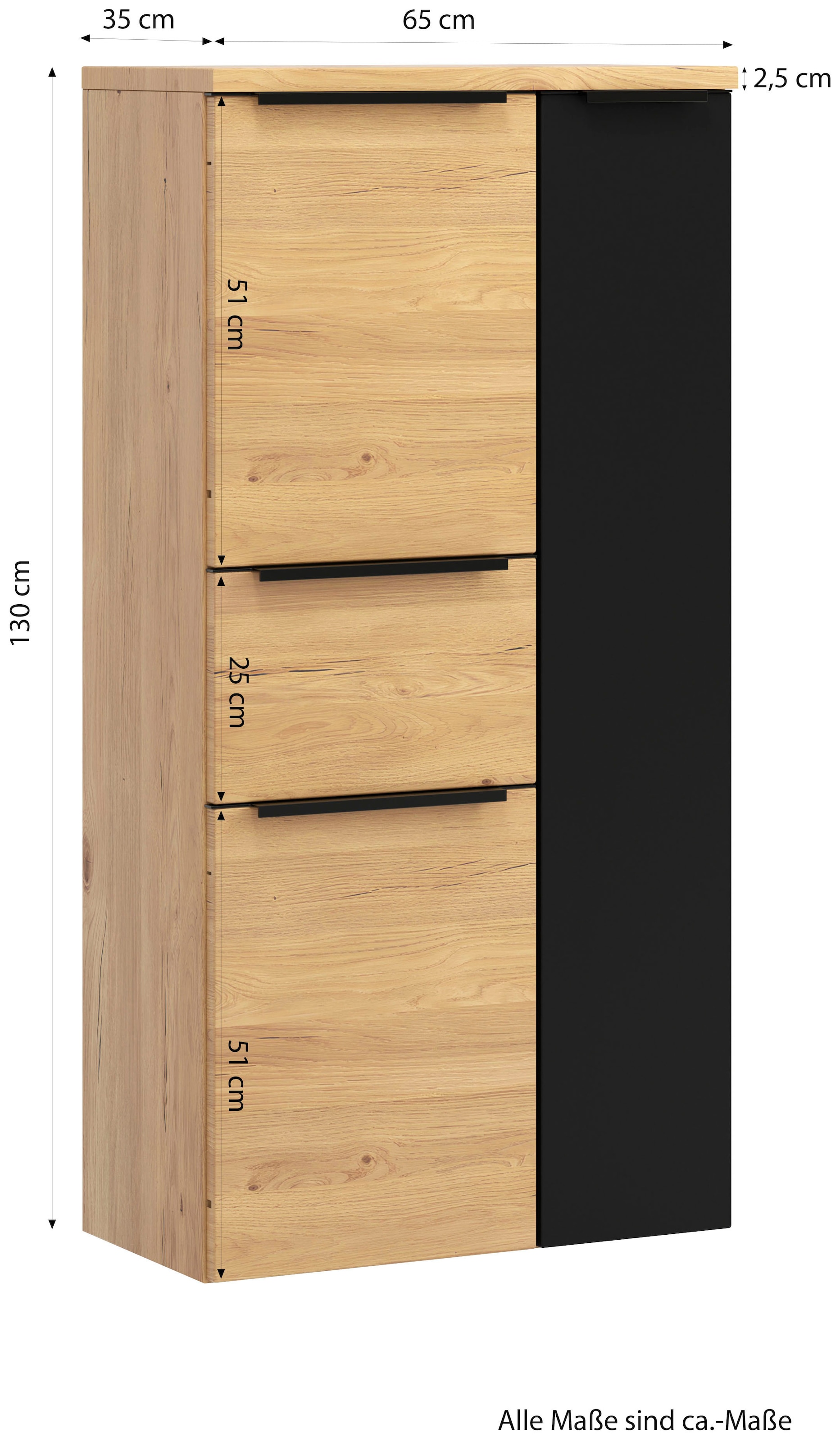 welltime Midischrank »MAILAND, Softclose-Auszug, gedämpfte Scharniere, hochwertiges MDF« Maße (B/H/T): ca. 65/130/35 cm,  Wildeiche, gedämpfte Scharniere und  Softclose-Auszug