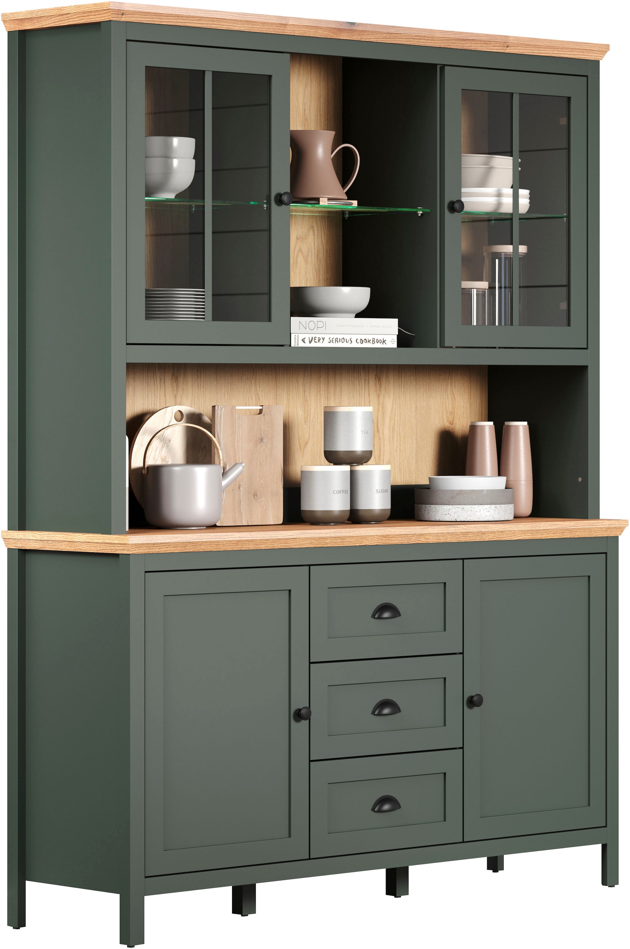 Home affaire Buffet »Vienna« Set, 2 Stk. tlg. Küchenbuffet im Landhausstil, inkl. Beleuchtung - (B/T/H) 146/39/112cm
