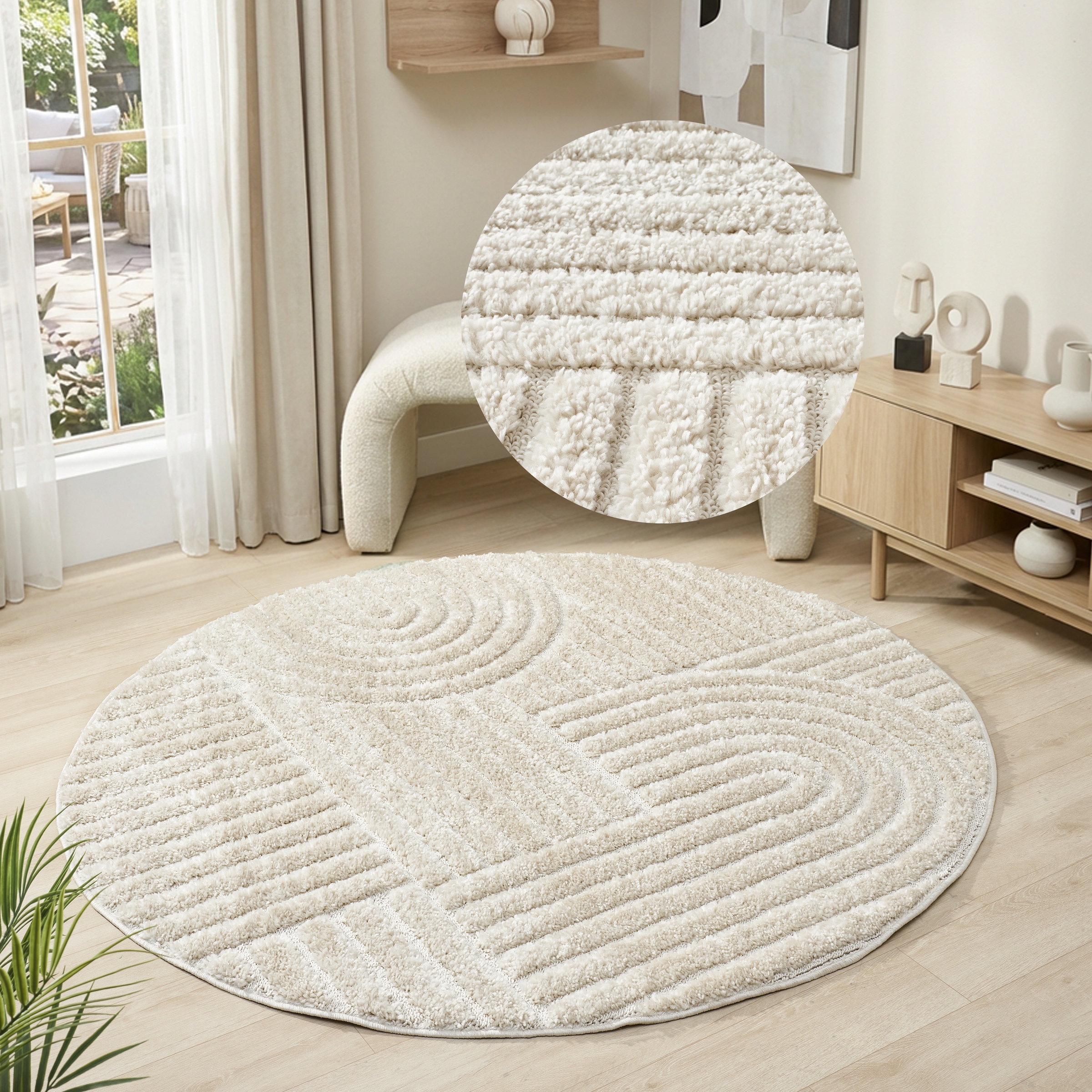 Teppich OTTO HOME "Jonne, Boho-Design, Scandi, Designteppich", beige, H:20mm Ø:120cm, Obermaterial: 100% Polypropylen, Teppiche, Teppich, Hoch-Tief, 3D Optik, skandinavischer Stil, Wohnzimmer, Schlafzimmer