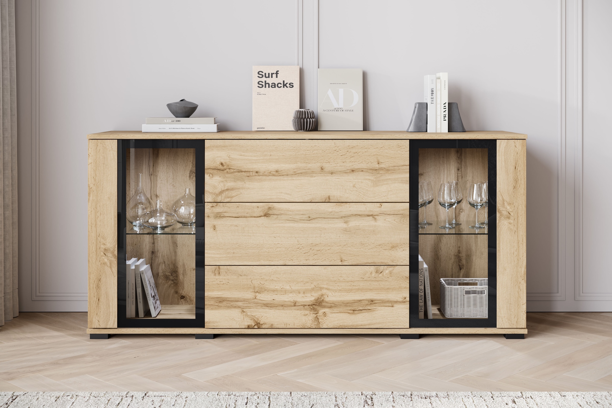 INOSIGN Sideboard »modernes Design mit Glaseinsätzen und 3 Schubladen, Breite 150 cm«, (1 St.), Grifflose Fronten mit Push-to-Open, höhenverstellbare Einlegeböden