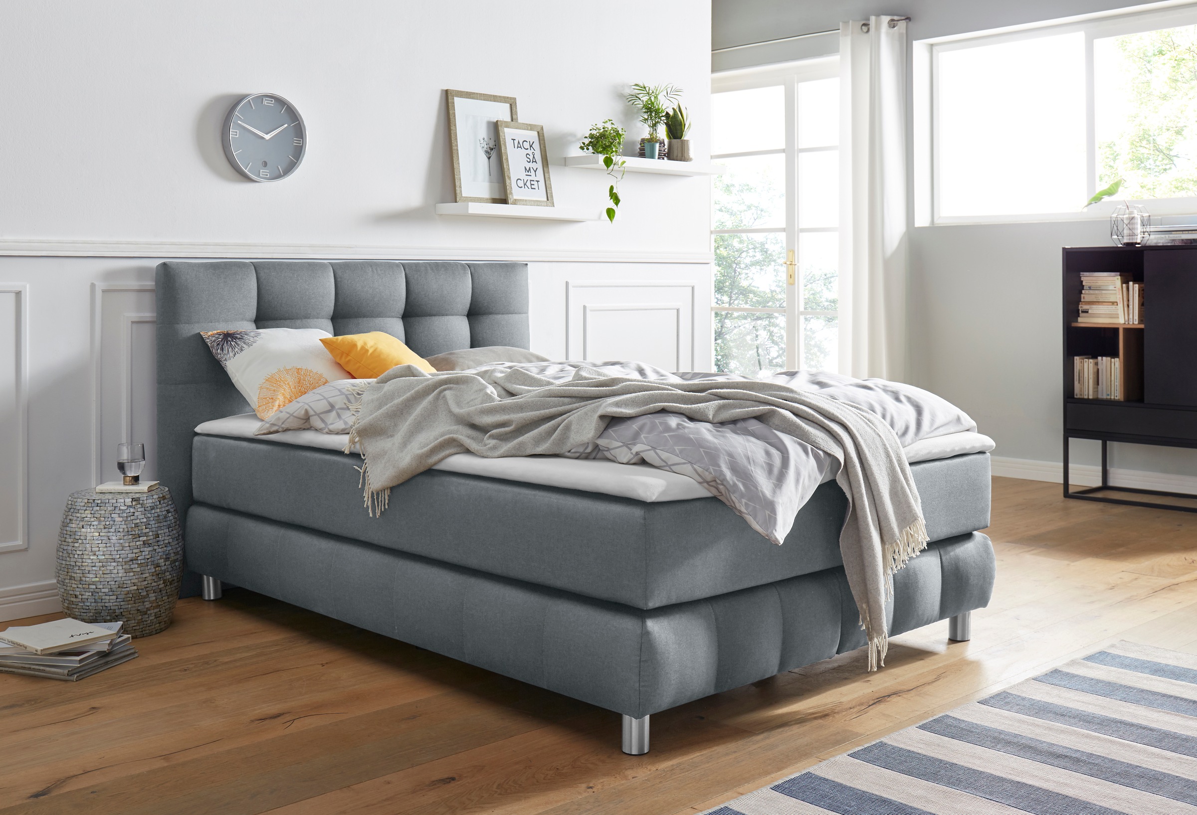Boxspringbett HOME AFFAIRE "Salo", grau, B:134cm L:211cm, Struktur (100% Polyester);Bezug der Spiegelfläche Matratzendrell aus 100% Polyester;Samtoptik (100% Polyester), Komplettbetten, Boxspringbett, incl. Topper, 6 Breiten, 2 Härtegrade, TFK auch in Här 6