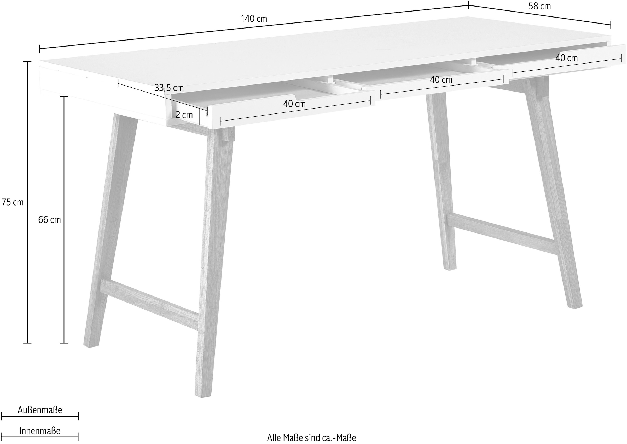 MCA furniture Schreibtisch »Anneke L«, weiß matt lackiert, Gestell Massivholz buchefarben, Breite 140 cm