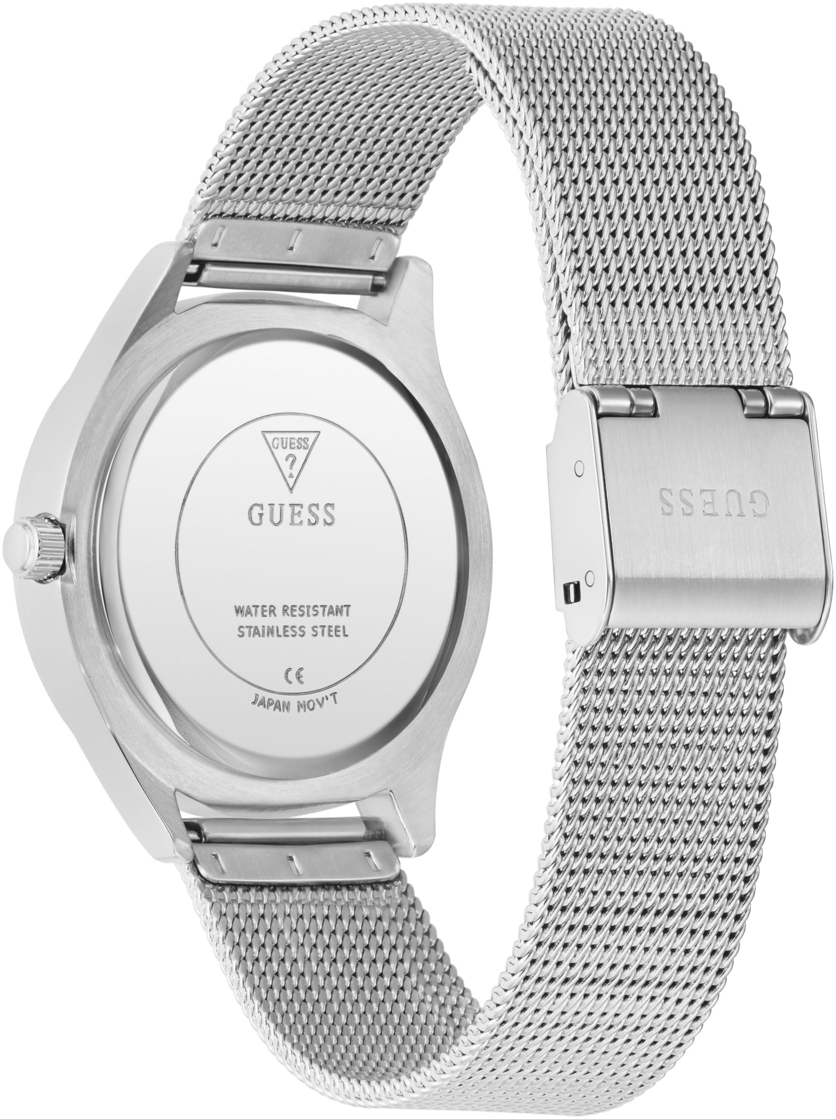 Guess Quarzuhr »GLITZ PLAQUE«, Armbanduhr, Damenuhr, Edelstahlarmband, Mineralglas, analog