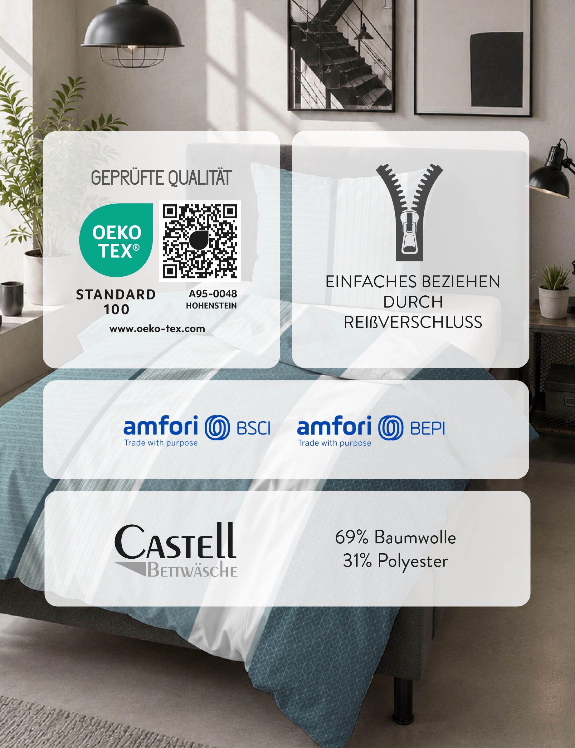 Castell - Markenbettwäsche Bettwäsche »0350386 Polycotton-Biber Bettwäsche 69% Baumwolle, 31% Polyester« 2 wärmend weich, Reißverschluss, Winterbettwäsche, Streifen