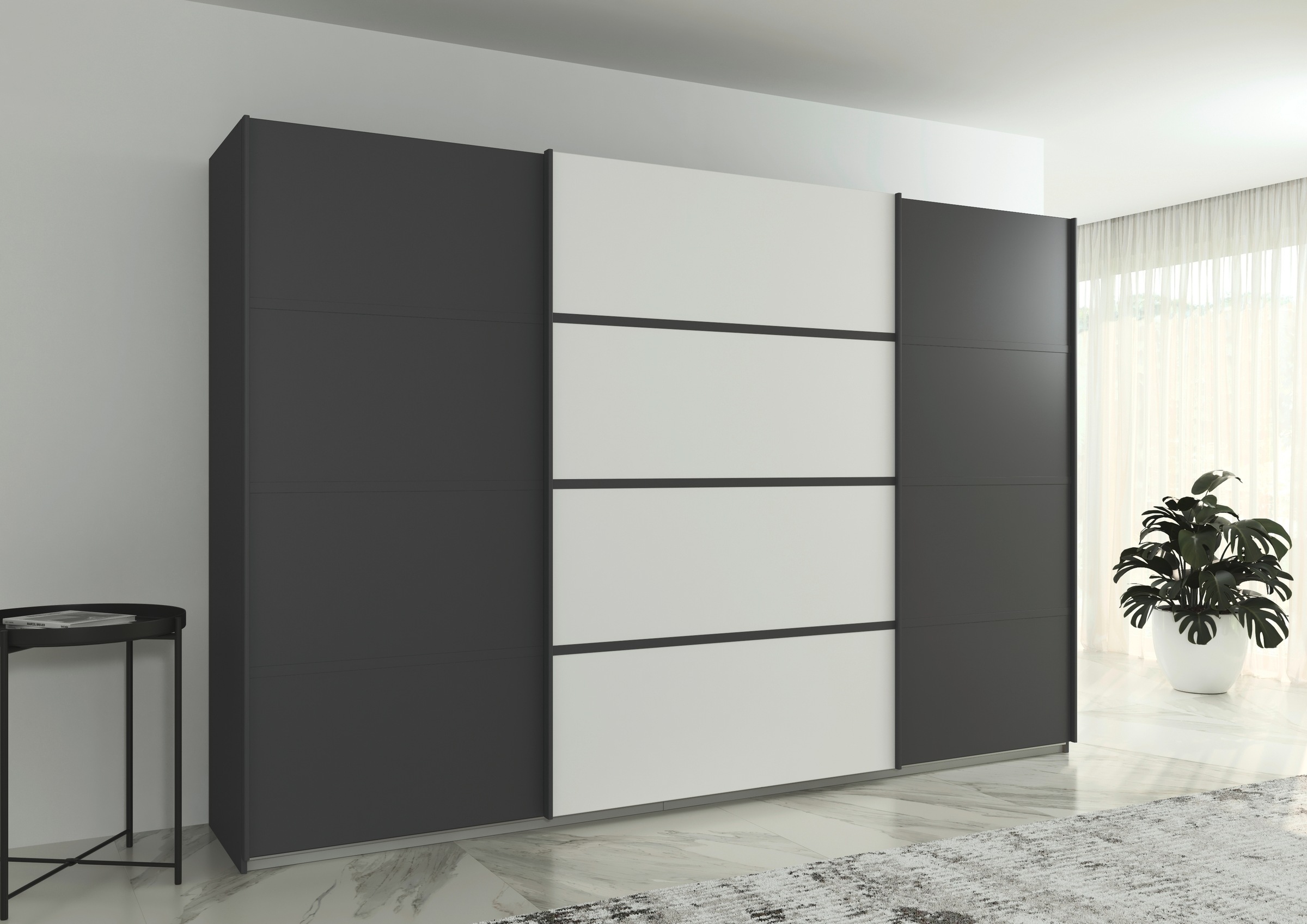 rauch Kleiderschrank »Schwebetürenschrank Garderobe Schrank TOP ANGEBOT Avola«, (in 3 verschiedenen Ausstattungen BASIC/CLASSIC/PREMIUM), mit eleganten Zierleisten in Chrom, Schwarz oder Weiß MADE IN GERMANY