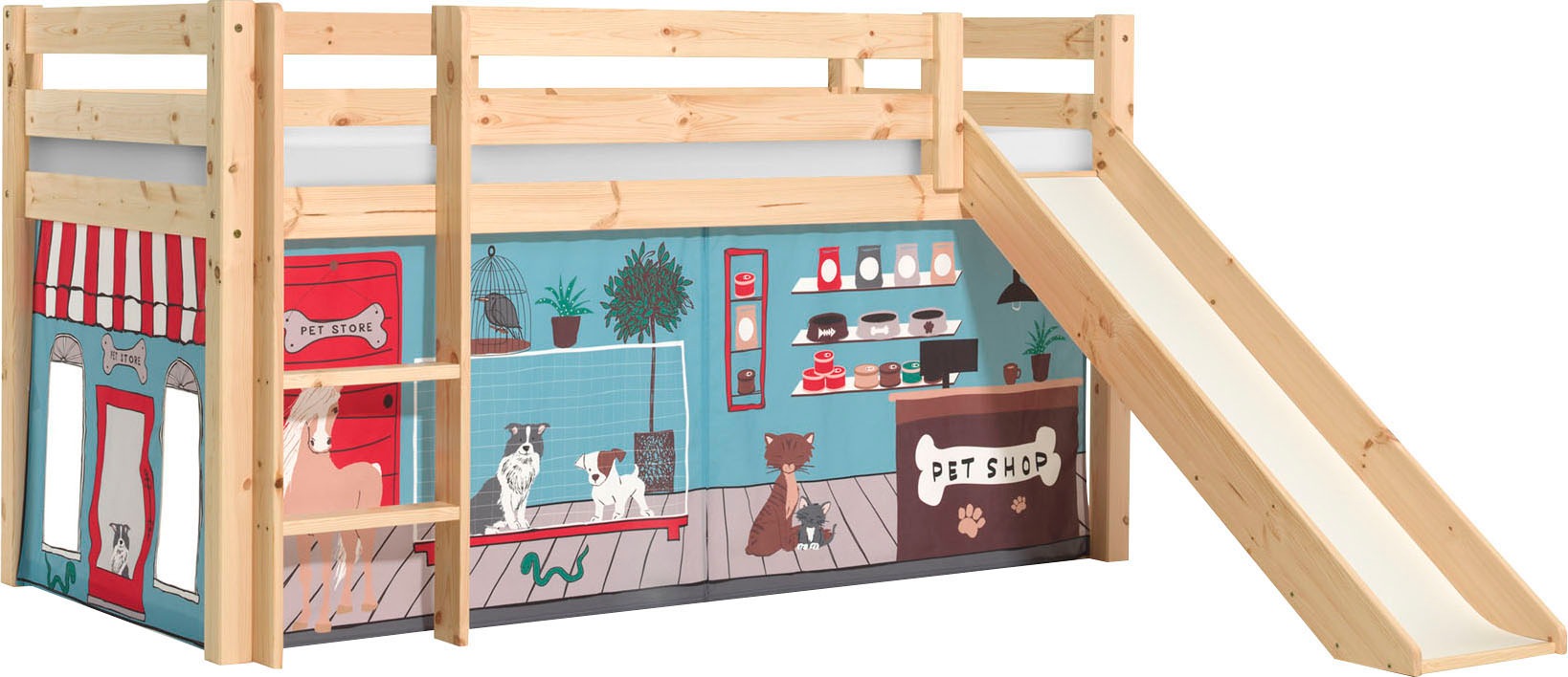 Thumbnail - Vipack Spielbett "Pino, Kiefer massiv, mit Rolllattenrost u. Textil-Set, Made in Europe", (B/H/T ca. 210x114x218cm, mit ...