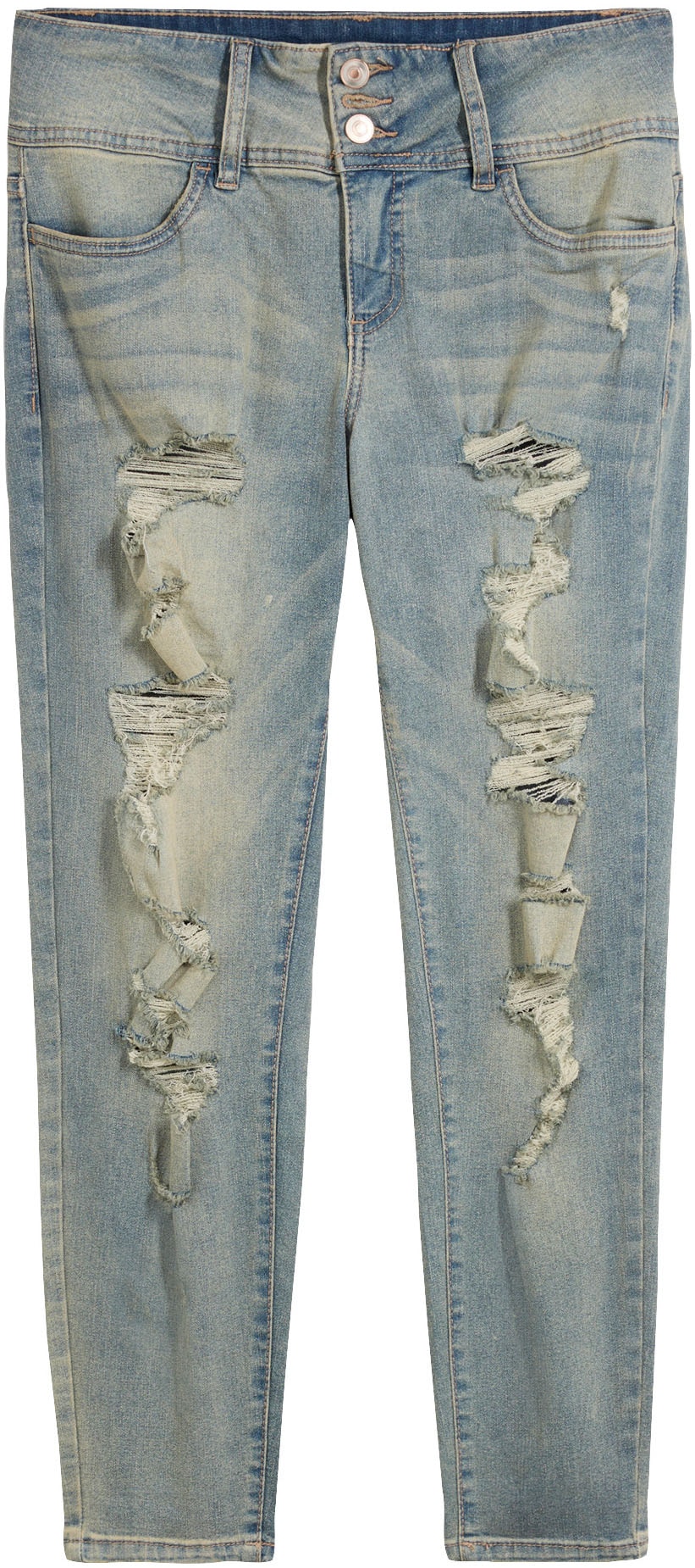 bonprix Skinny-fit-Jeans »Skinny Jeans High Waist, Stretch« Skinny-fit, mit breitem High Waist Bund, coole Destroyed Effekte