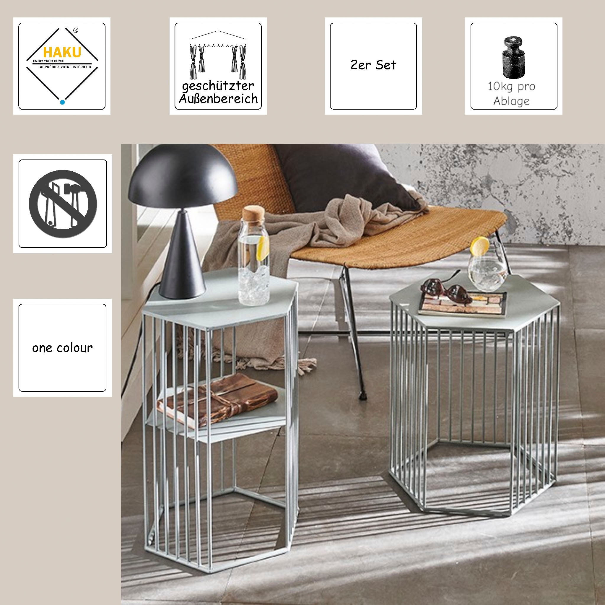HAKU Beistelltisch »Sofatisch, Wohnzimmertisch« Set, 2er Set, 2 Stk. tlg. sechseckig - aus Metall Grau B/T/H 38/33/55 und 42/37/45 cm