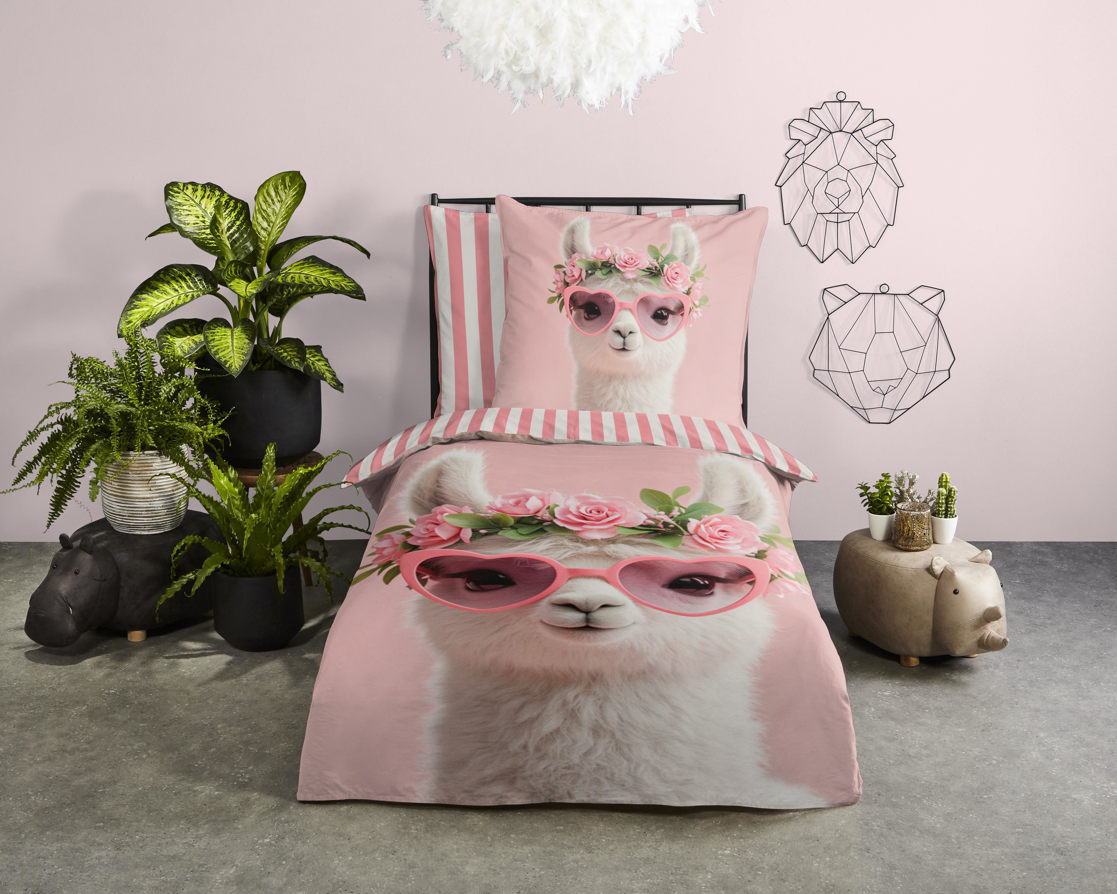 PURE luxury collection Kinderbettwäsche "Moni" 2 Mikrofaser, 135x200, 2 Teilig, Wendeoptik, Kind, Mädchen, Lama, Rosa