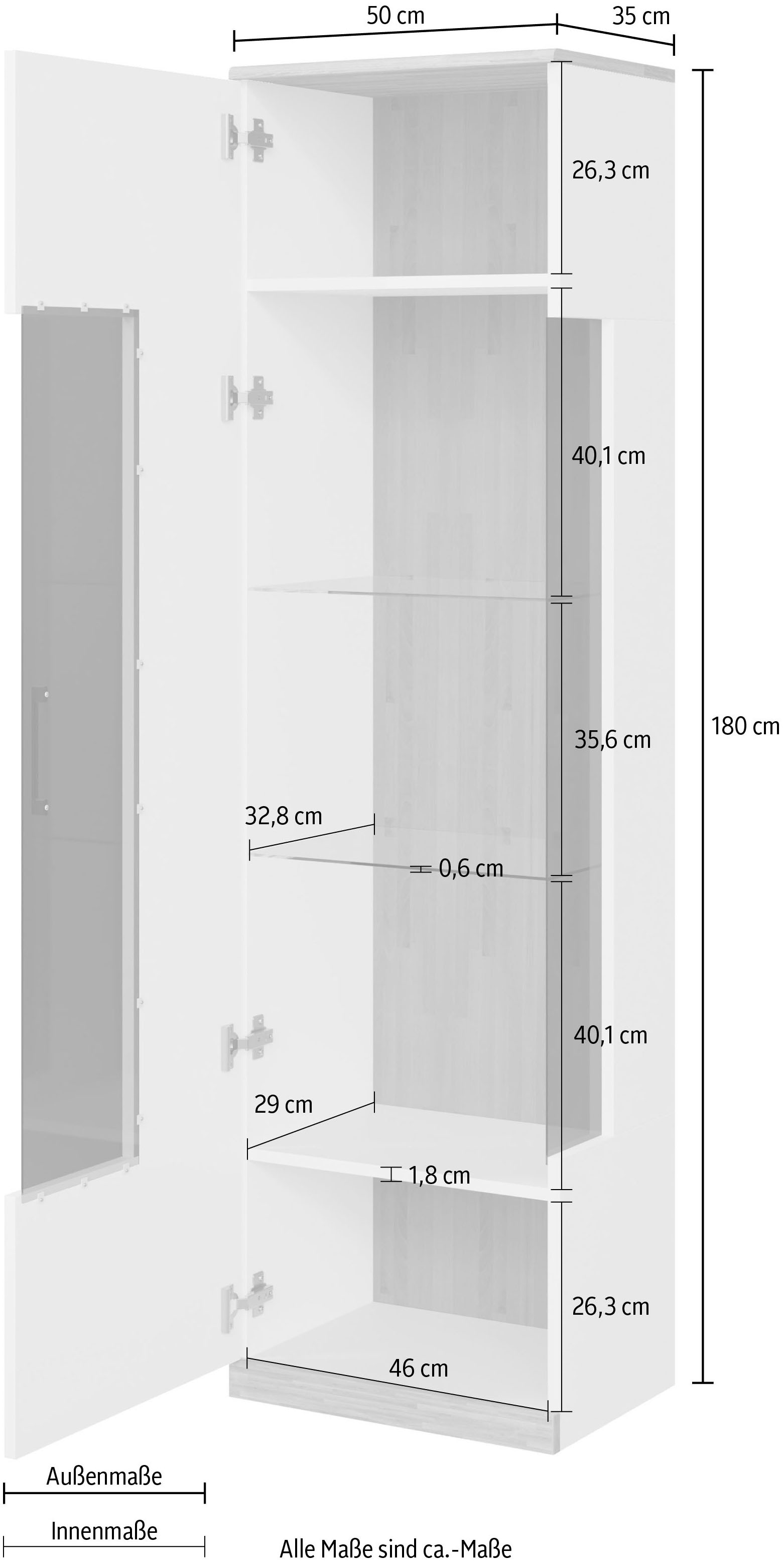 Home affaire Vitrine »Ribe,180cm hoch,5 Fächer,2 Glasböden variabel einsetzbar«, Oberplatte Eiche massiv,dunkles Glas, schwarze Metall Griffe