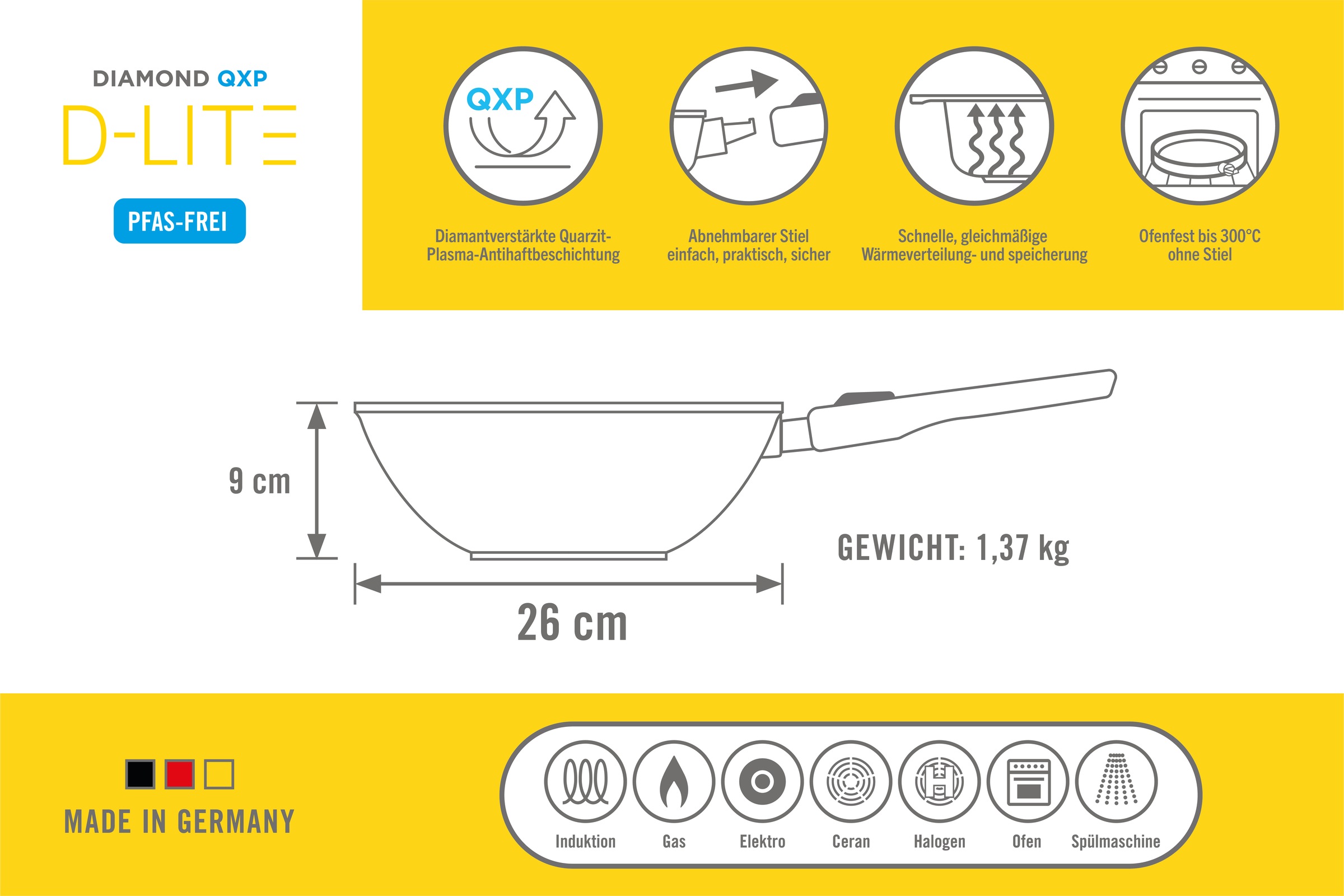 WOLL Wok »D-Lite Wok- & Rührpfanne, Aluminium, Antihaft, Induktion« Aluminiumguss 1 tlg. Abnehmbarer Stiel, Ofenfest o. Stiel, Spülmaschinengeeignet, Ø 26-30cm