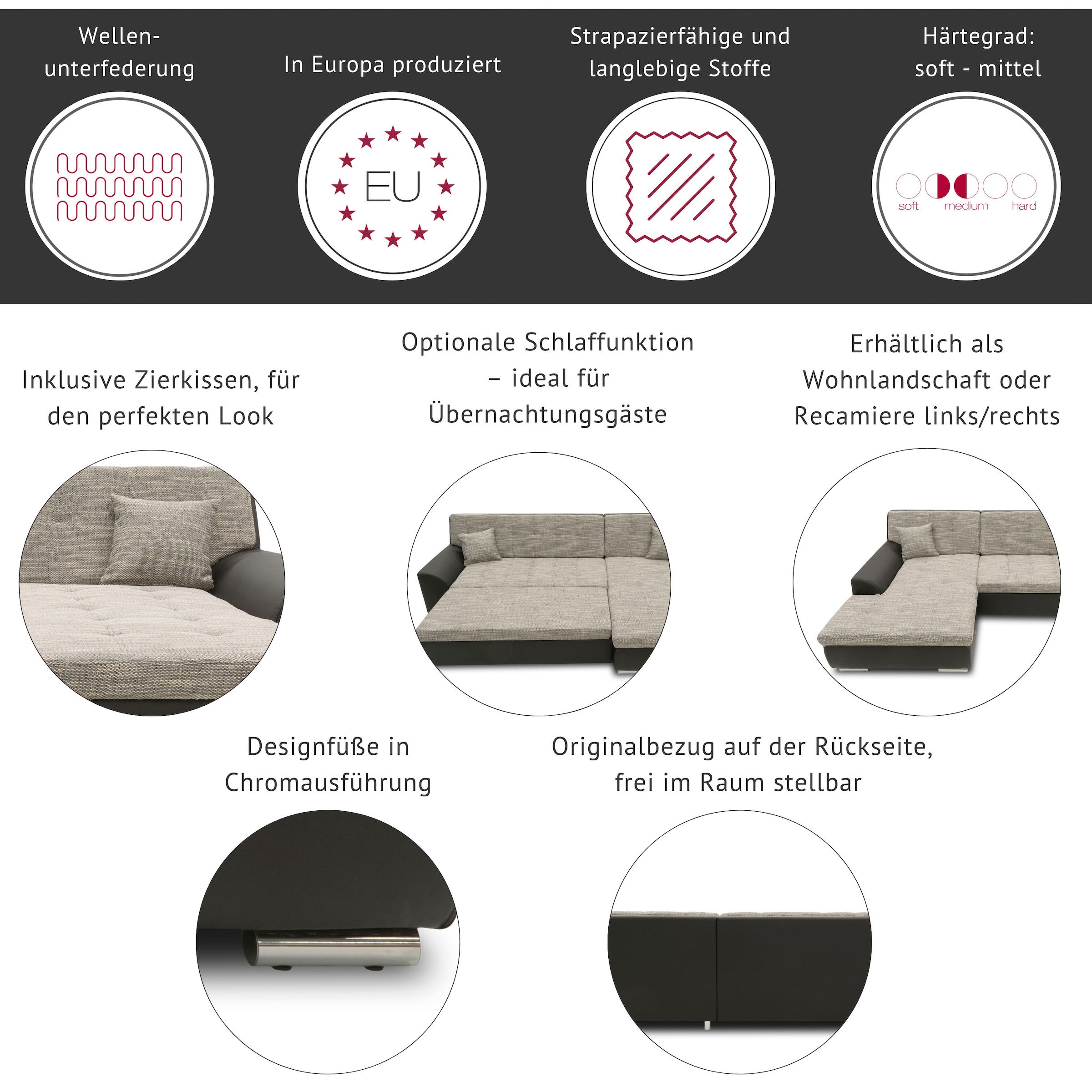 DOMO collection Wohnlandschaft »Brandon, whlw. mit Sitztiefenverstellung, inkl. Nierenkissen« mit Kopfteilverstellung, wahlweise Sitztiefenverstellung, U-Form